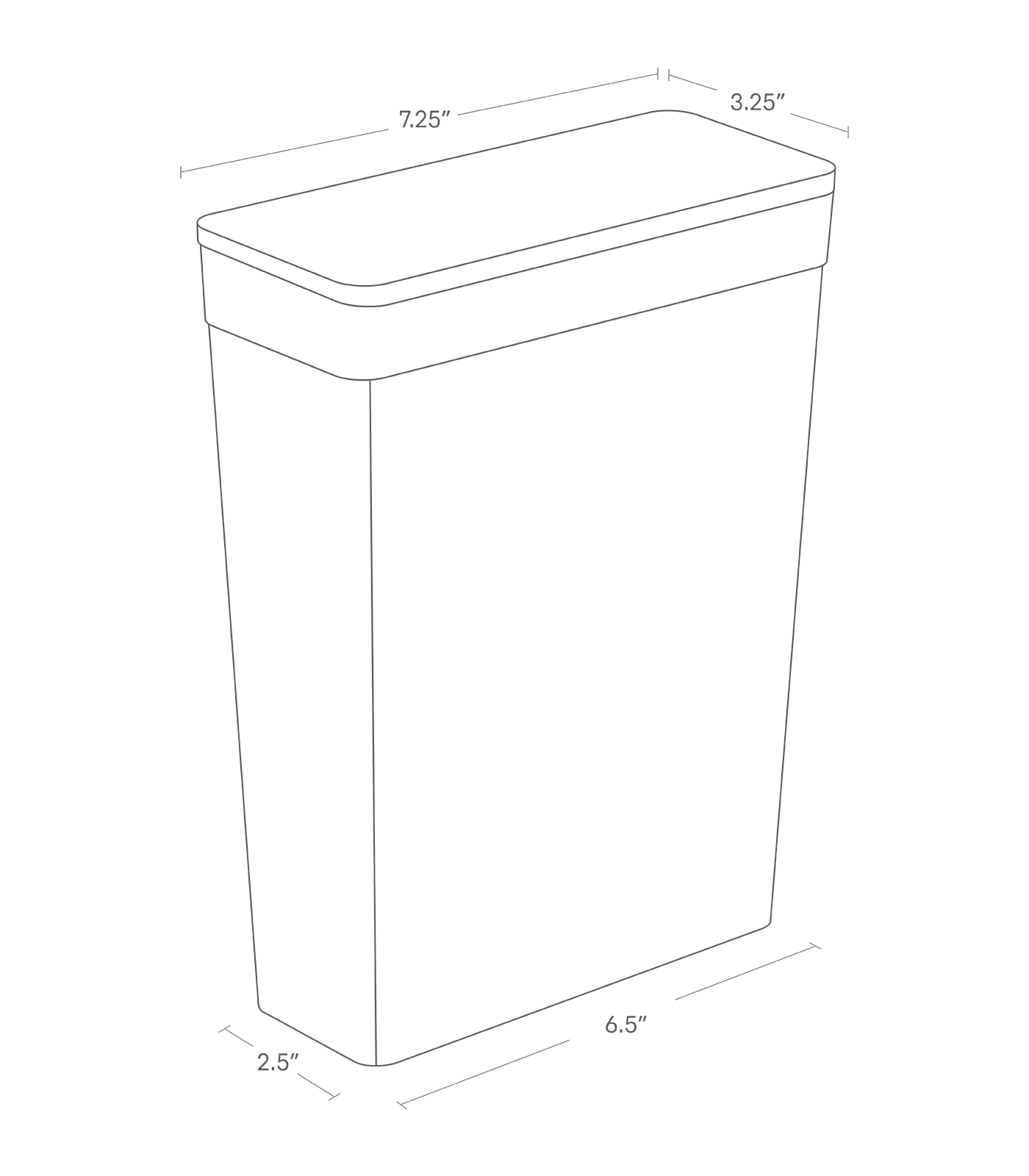 Dimenision image for Food Storage Containeron a white background showing total width of 7.25", length of 3.25". The bottom of the item shows width of 6.5", length of 2.5".