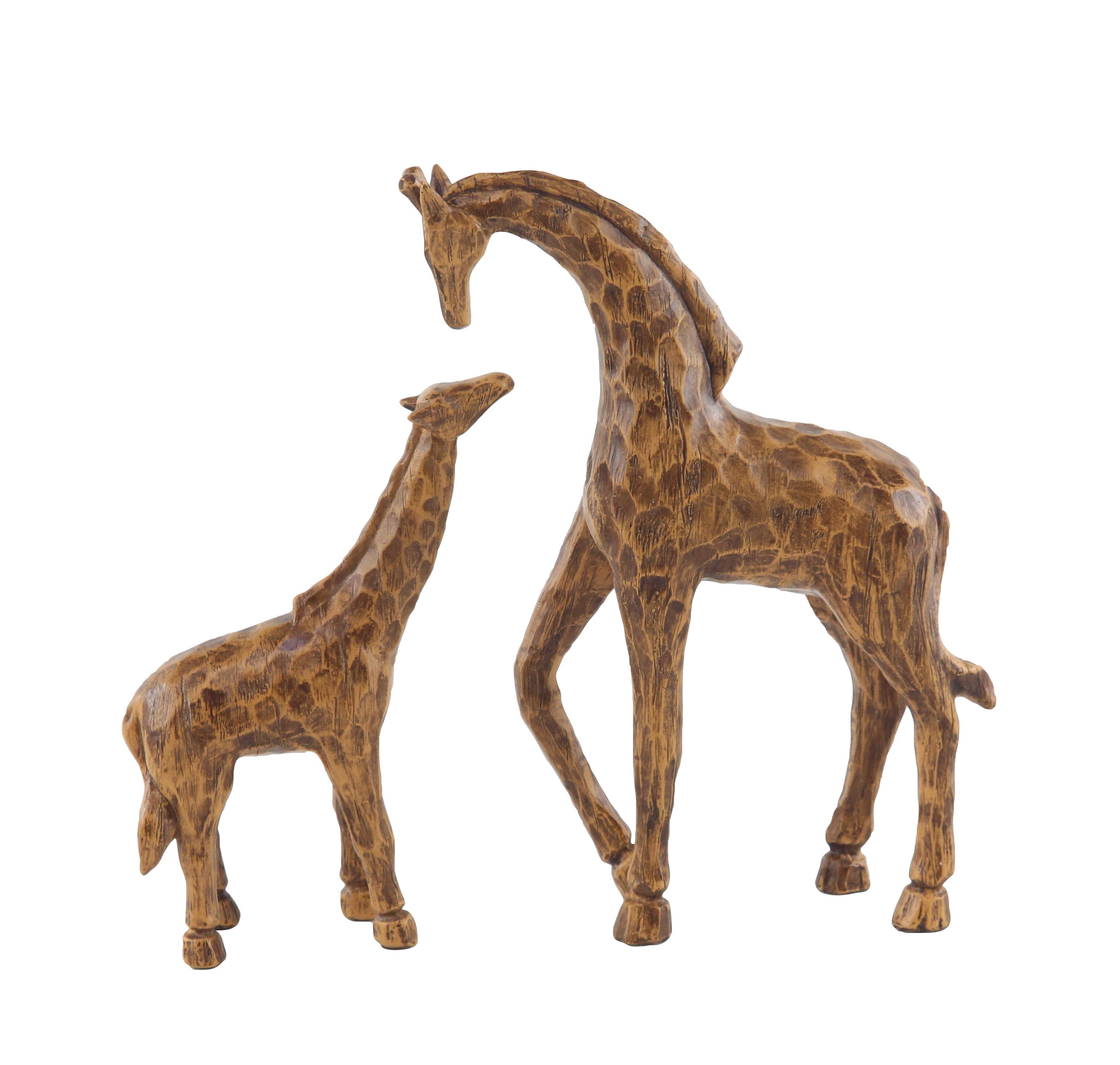 Eclectic Beige and Brown Polystone Giraffe Sculptures, Set of 2, 8" x 3" x 8"