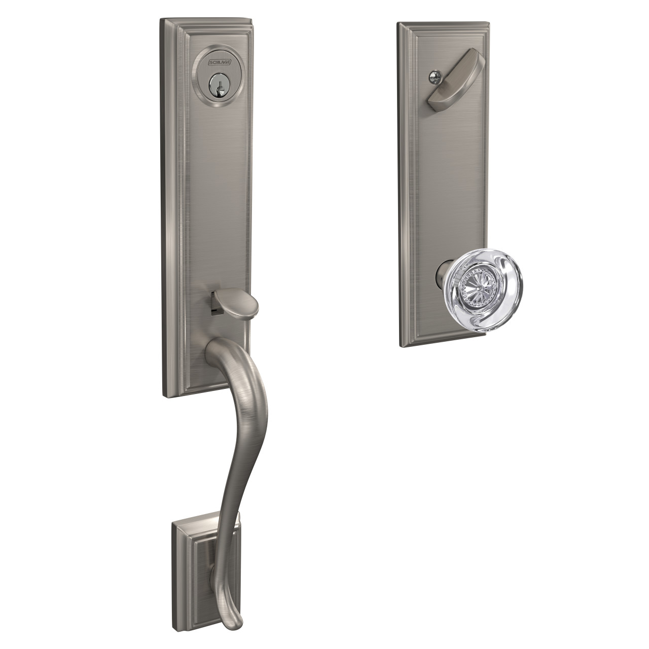Custom 3/4 Trim Single Cylinder Handleset and Hobson Glass Knob with Addison Trim