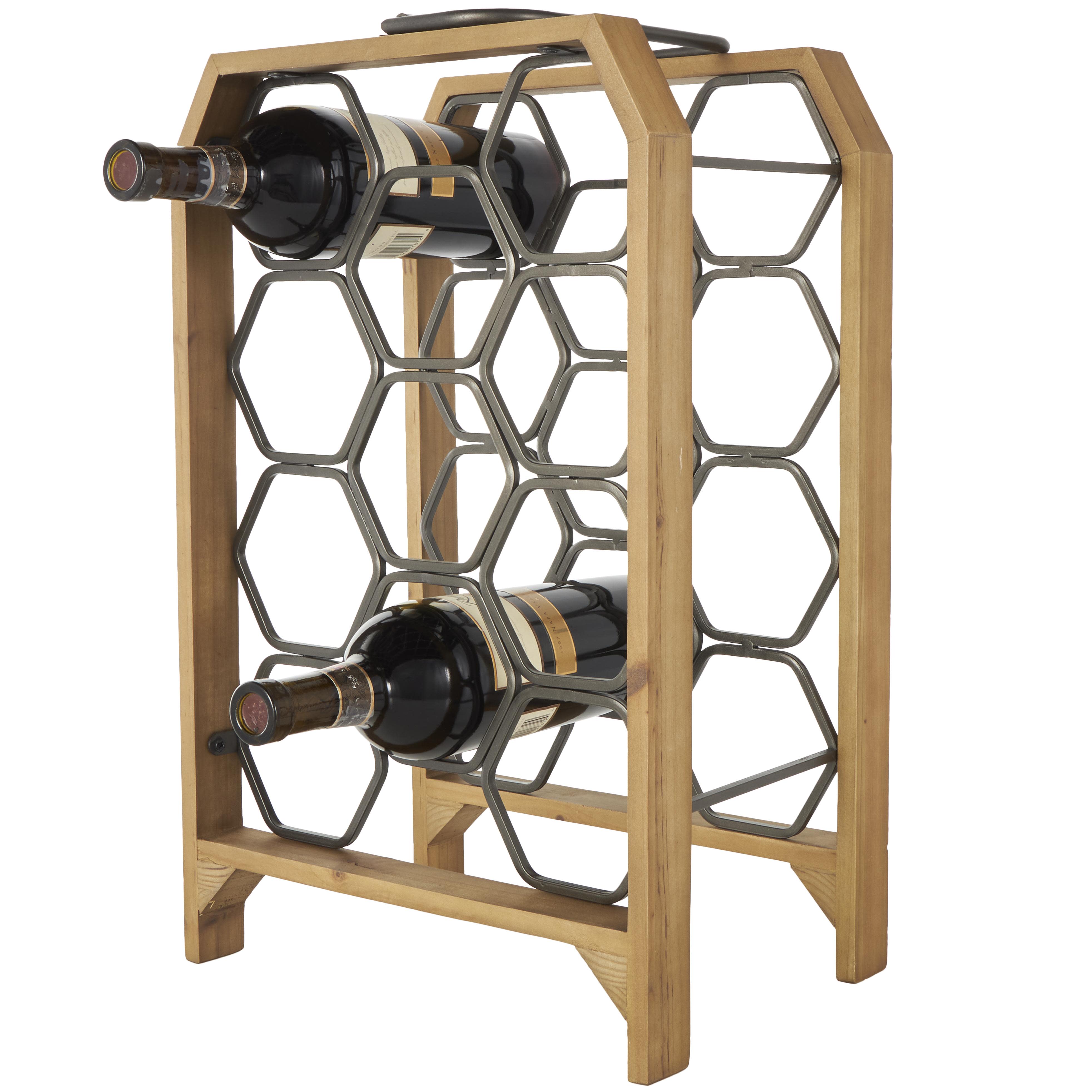 Brown Wood Geometric 11 Slot Wine Rack with Gray Metal Curved Teardrop Holders, 12" x 9" x 20"