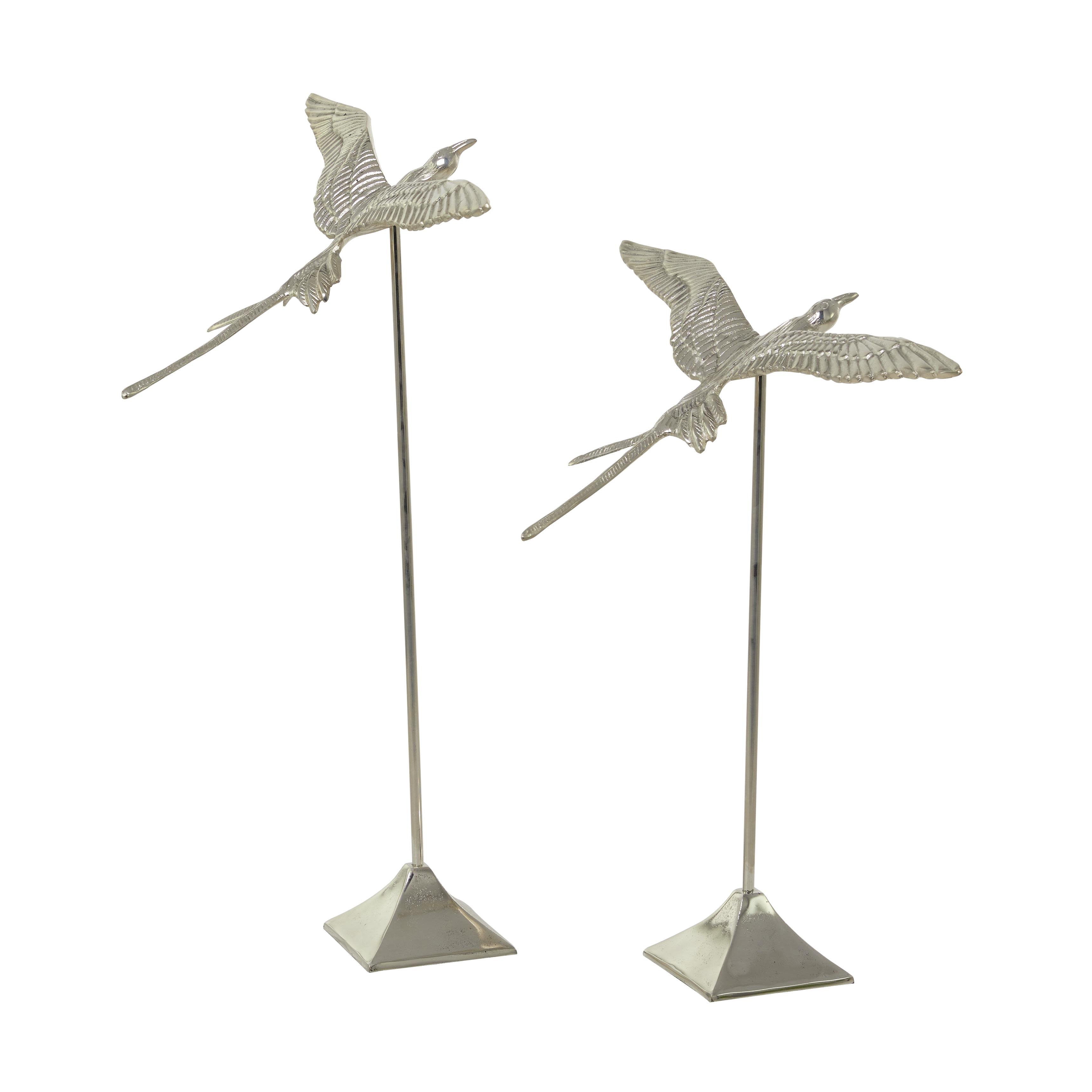 Silver Aluminum Metal Bird Decorative Sculpture, Set of 2 32", 25"H