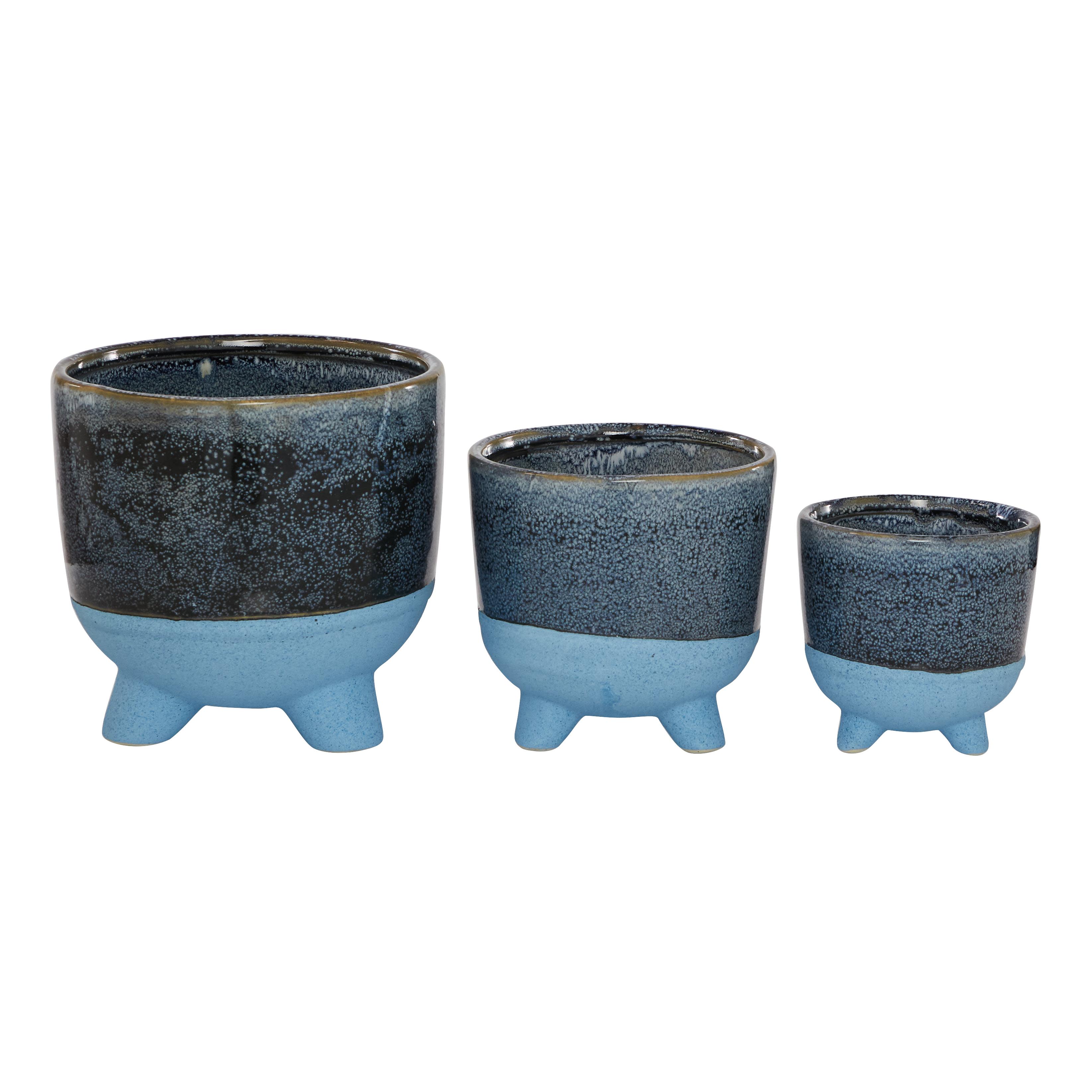 Dark Blue Ceramic  Indoor Outdoor Planter, Set of 3 8", 6", 5"H
