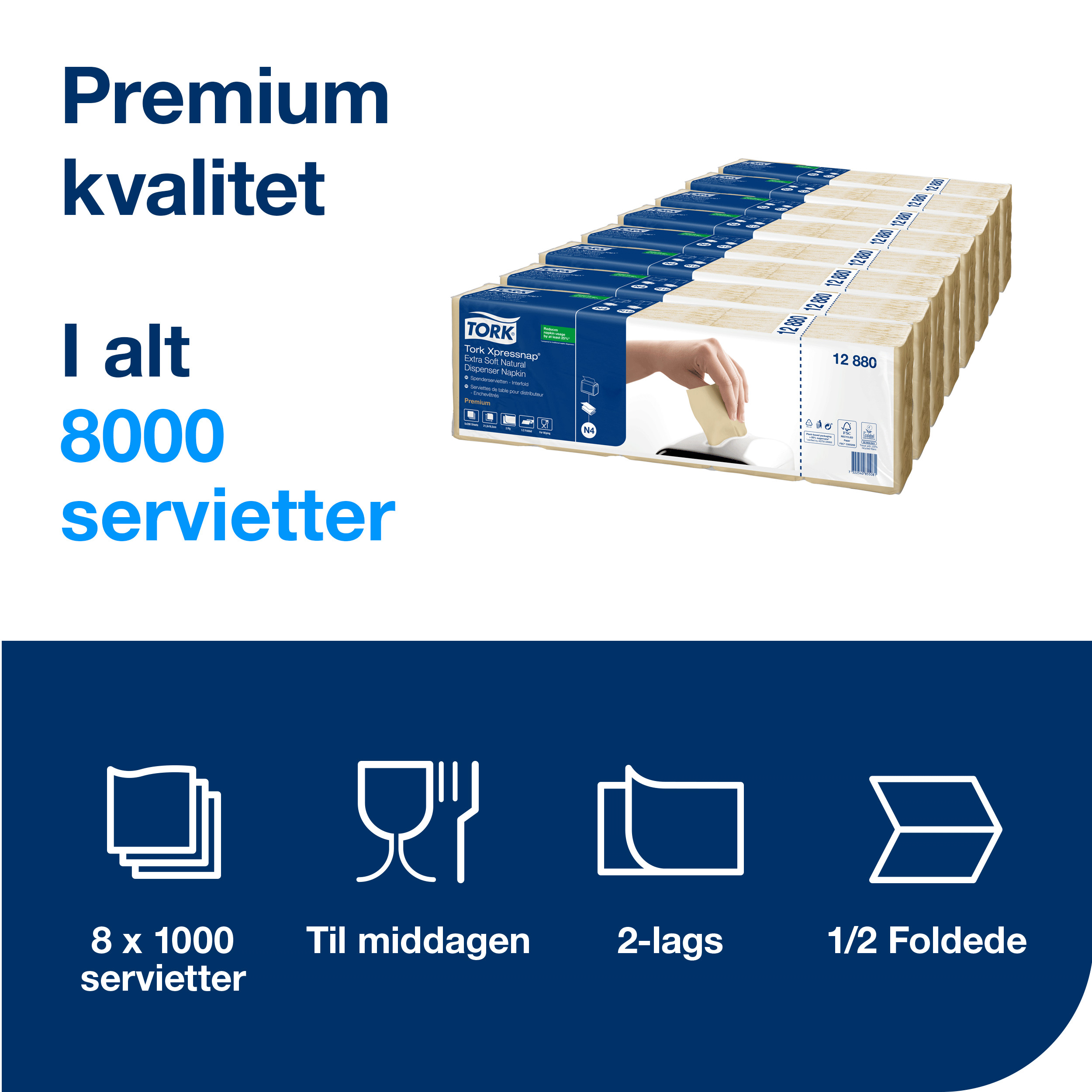 Dispenserservietter, 2 lag, Natur, 21.3x16.5 cm, 8000 stk, Tork Xpressnap N4