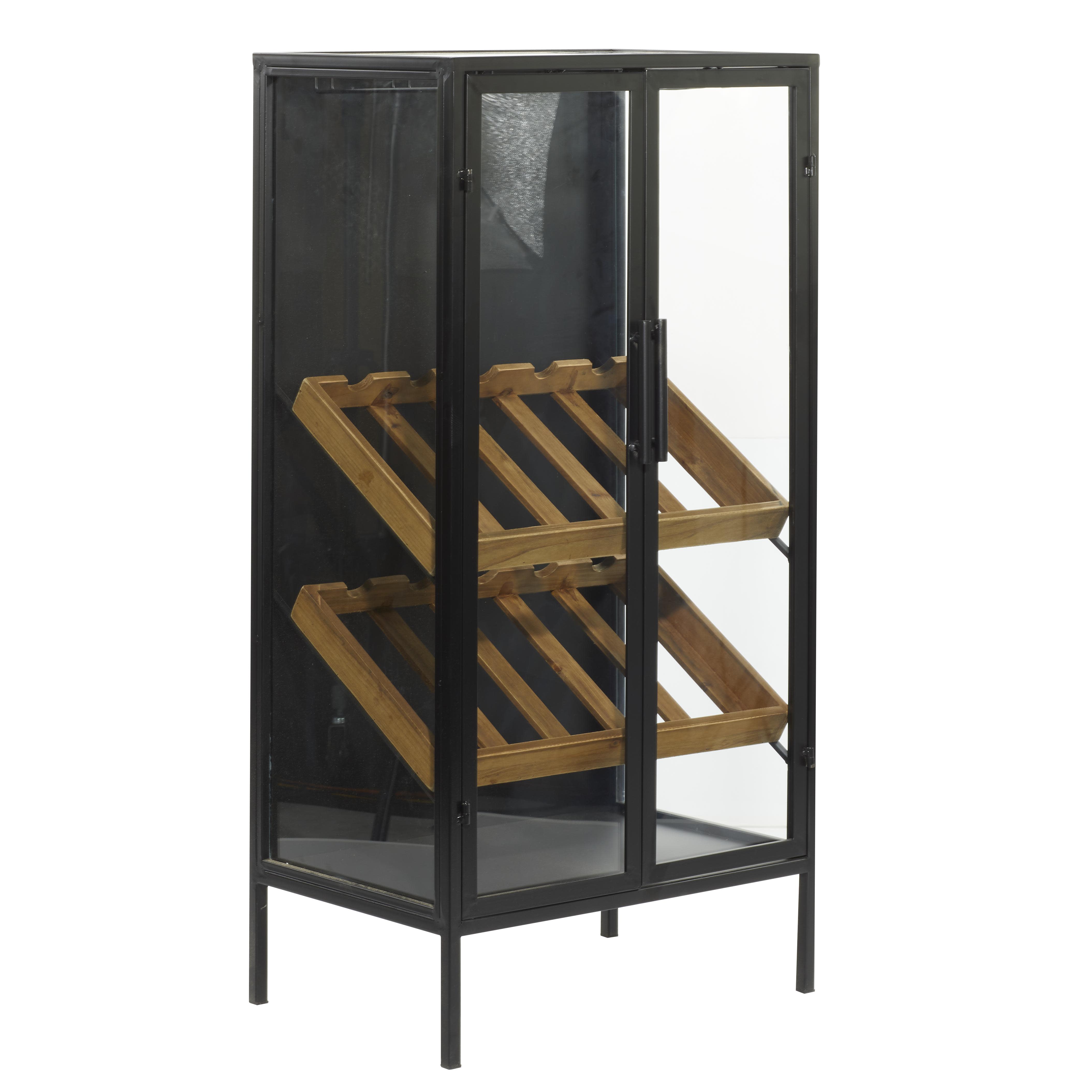 Black Metal  10 Bottle Storage Standing Wine Rack with Wine Glass Holders and Wood Accents, 21" x 15" x 40"