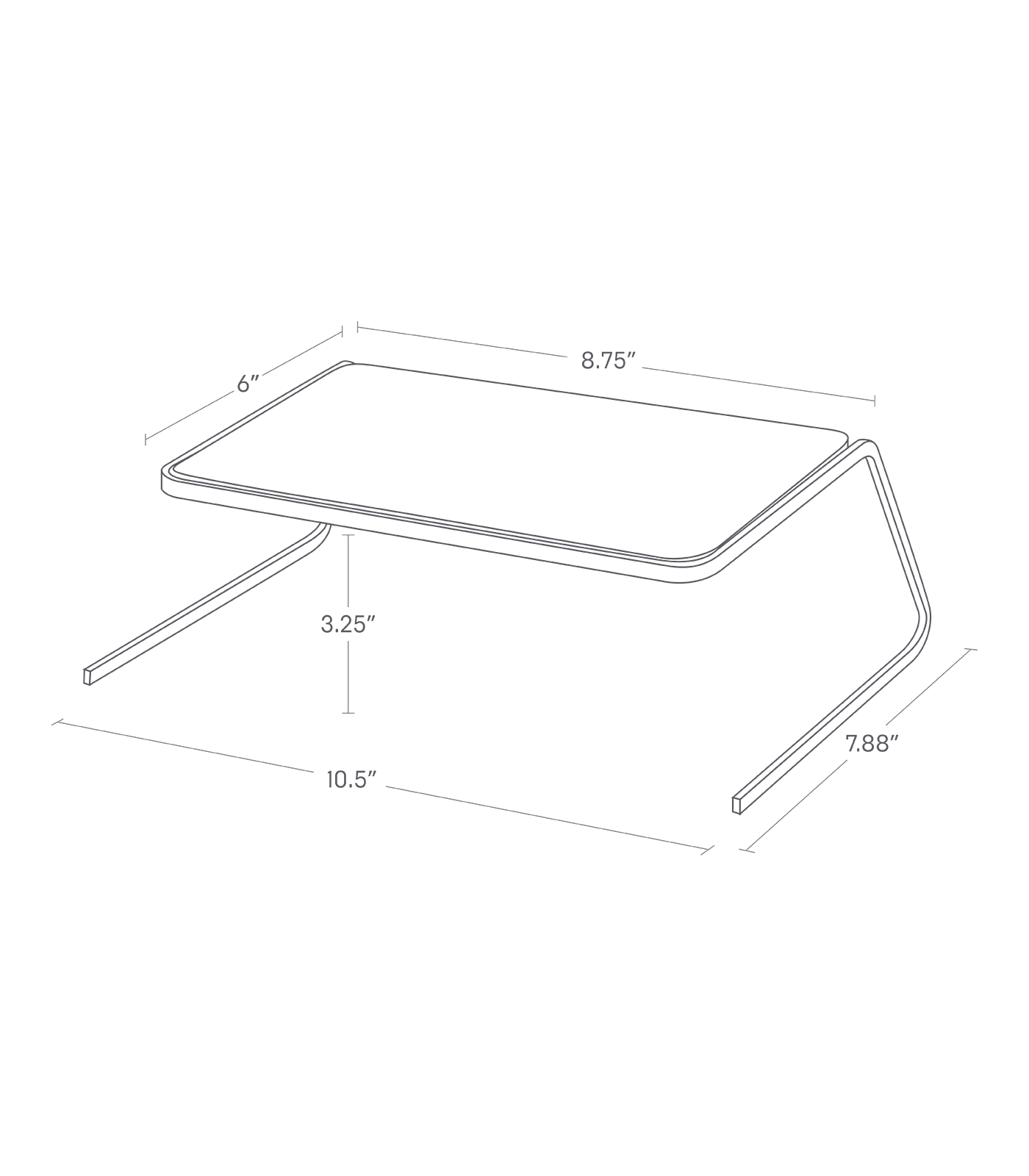 Dimension image for Dish Riser - 2 Sizes on a white background including dimensions  L 7.68 x W 10.43 x H 3.54 inches