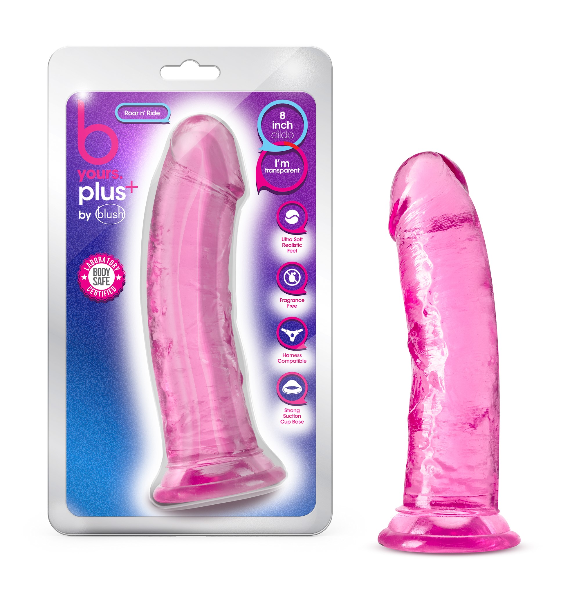 Blush B Yours Plus Roar N' Ride Realistic Pink 8-Inch Long Dildo With Suction Cup Base