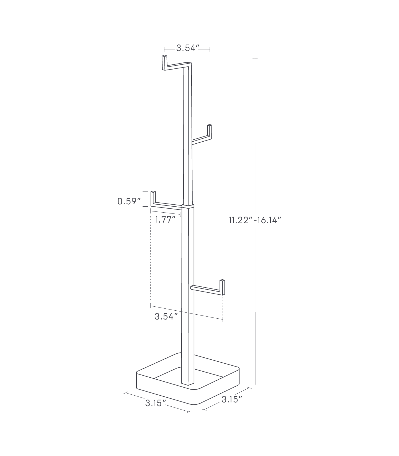 Dimension image for Tree Accessory Standon a white background showingheight of 11.22" to 16.14" with a base tray measuring 3.15" by 3.15". Each hook has a spacing of 1.77".