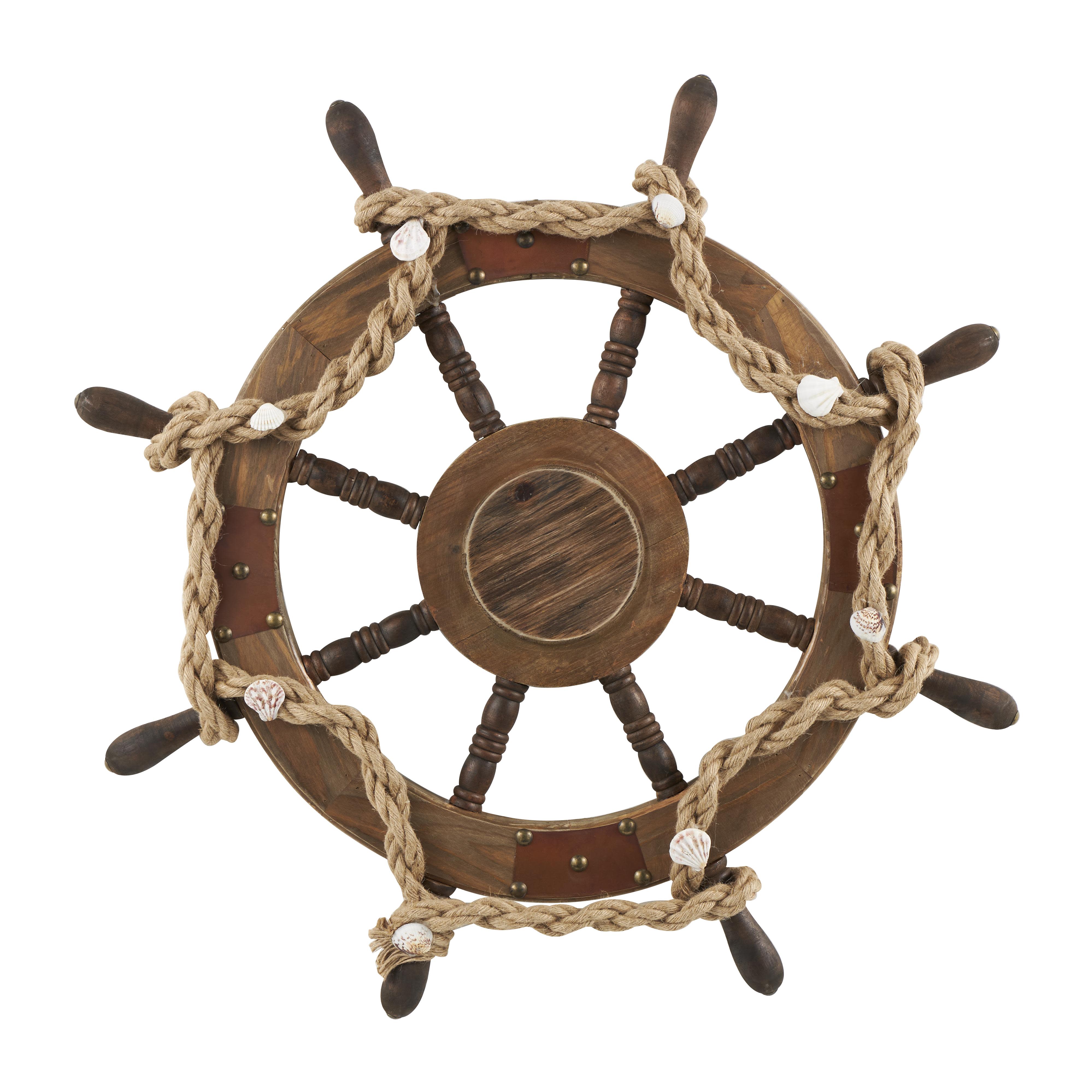 Brown Wood Ship Wheel Handmade Home Wall Decor with Rope and Shell Accents, 35" x 3" x 35"