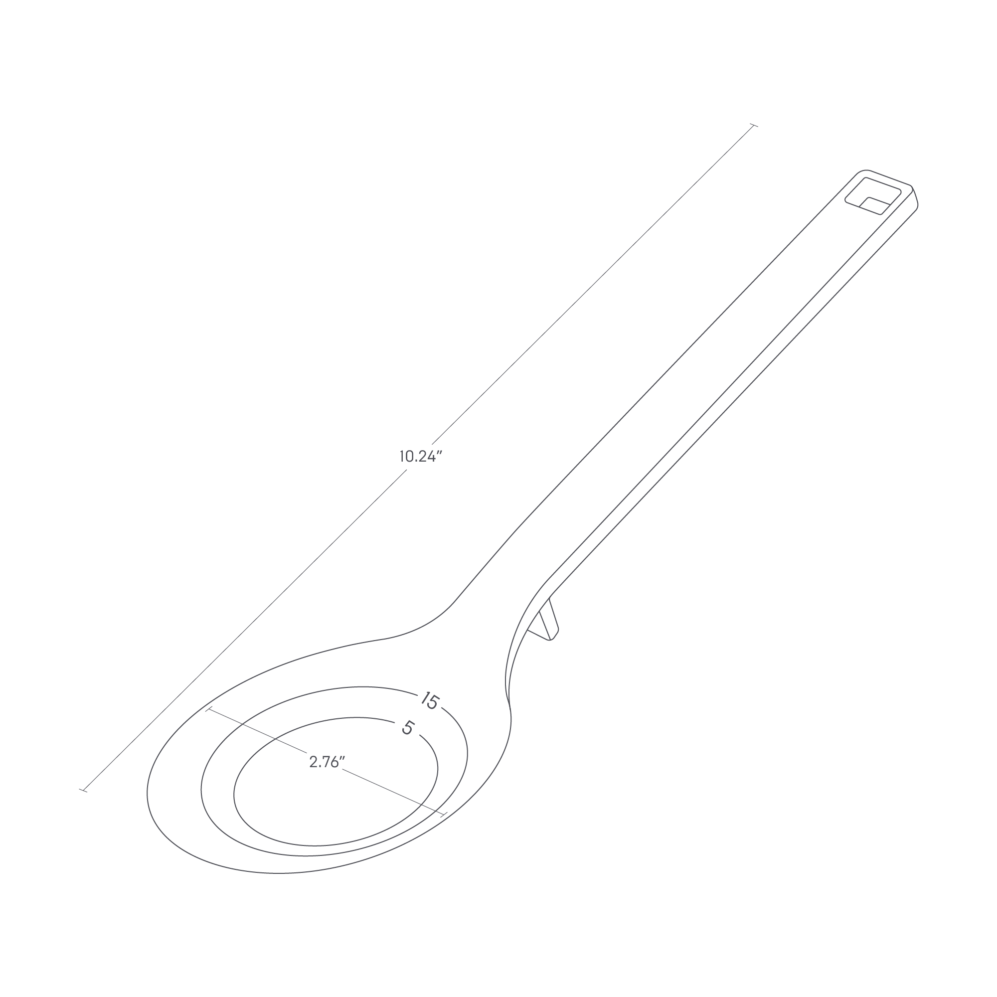 The image shows a floating cooking spoon with a total length of 10.24" and a spoon head diameter of 2.76". Measurement rings marked with 5 and 15 are visible inside the spoon bowl.