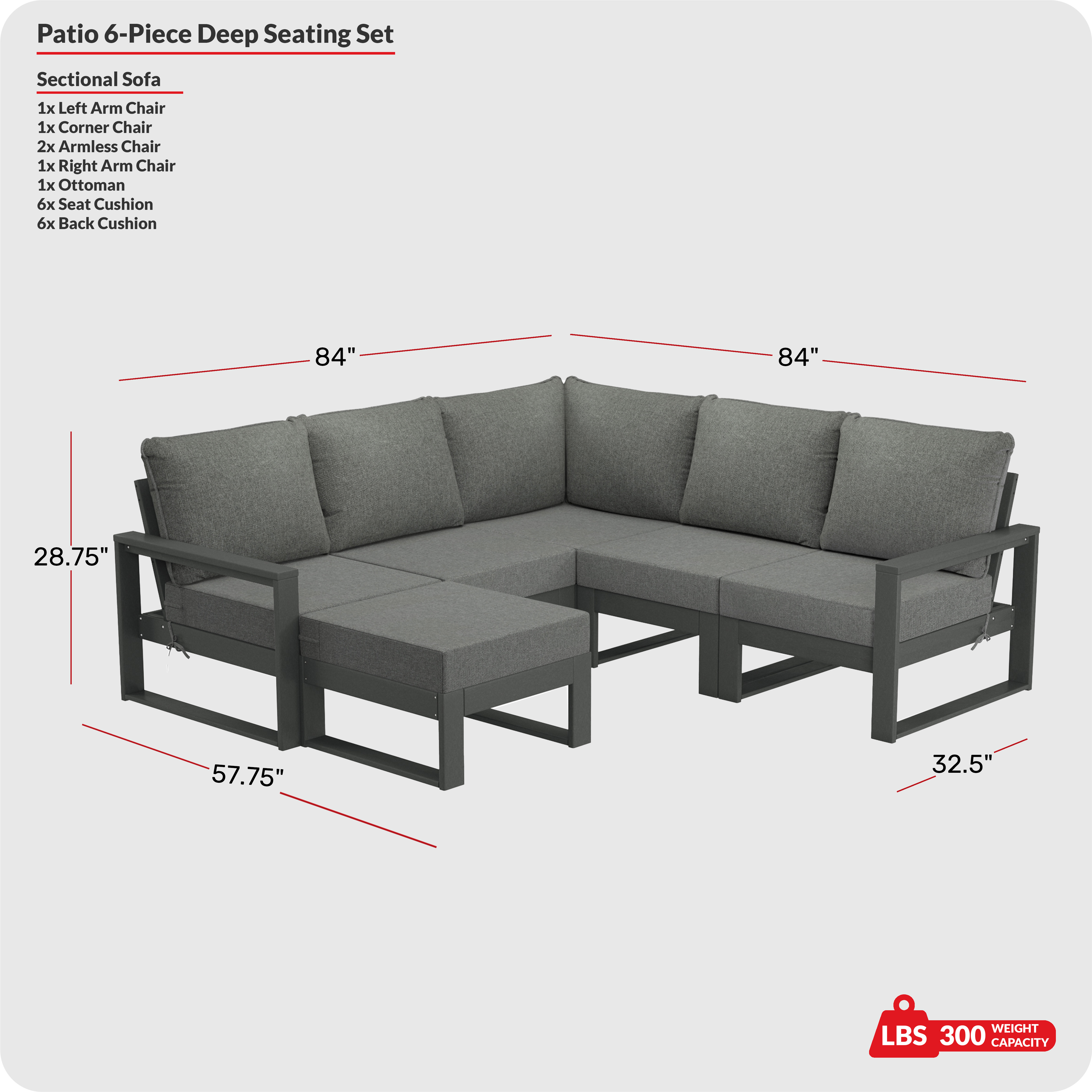 6-Piece Outdoor Patio Corner Sectional Sofa Conversation SetCOS Spec Image