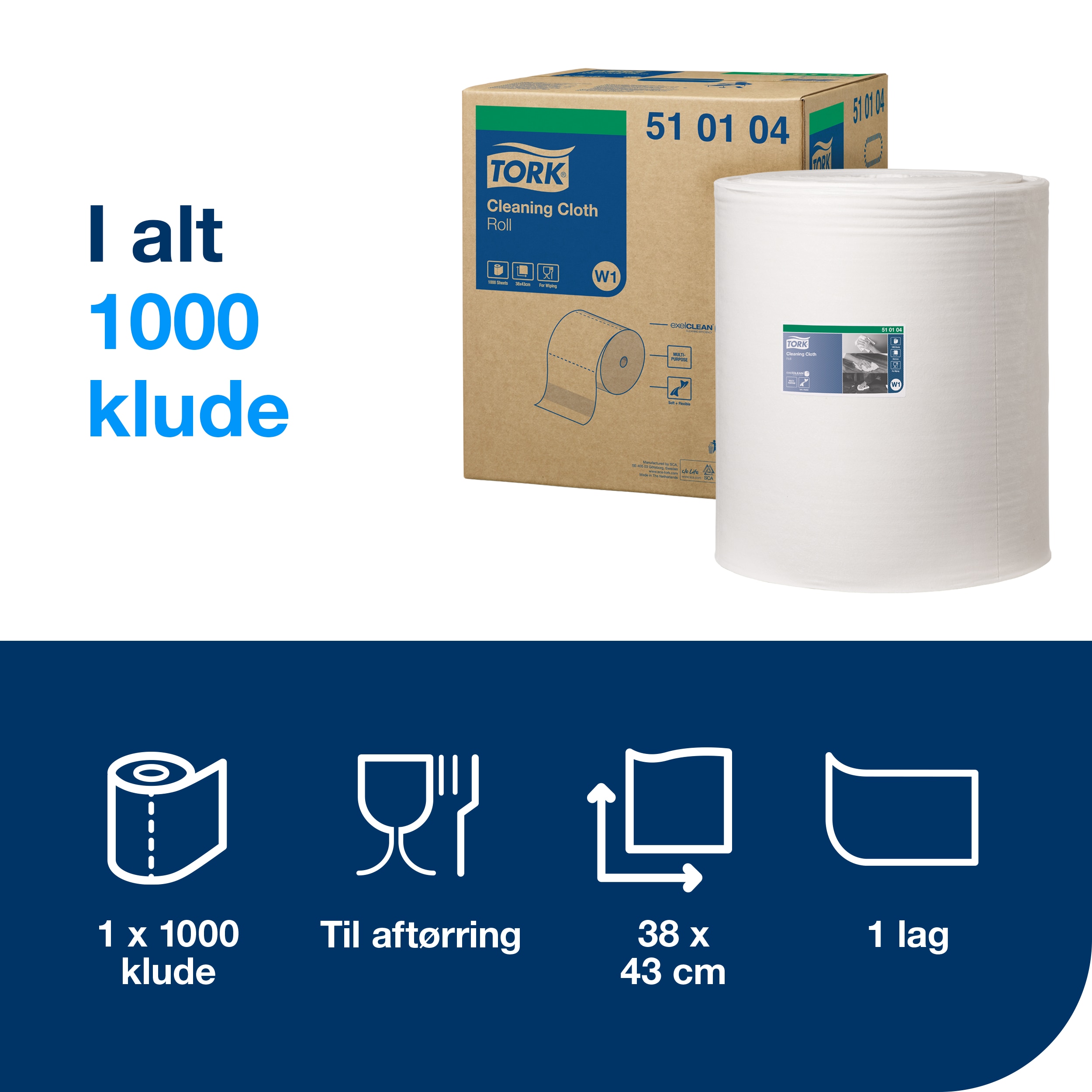 Aftørringsrulle, Udvendig oprulning, 1 lag, 1 rulle, Tork Premium W1