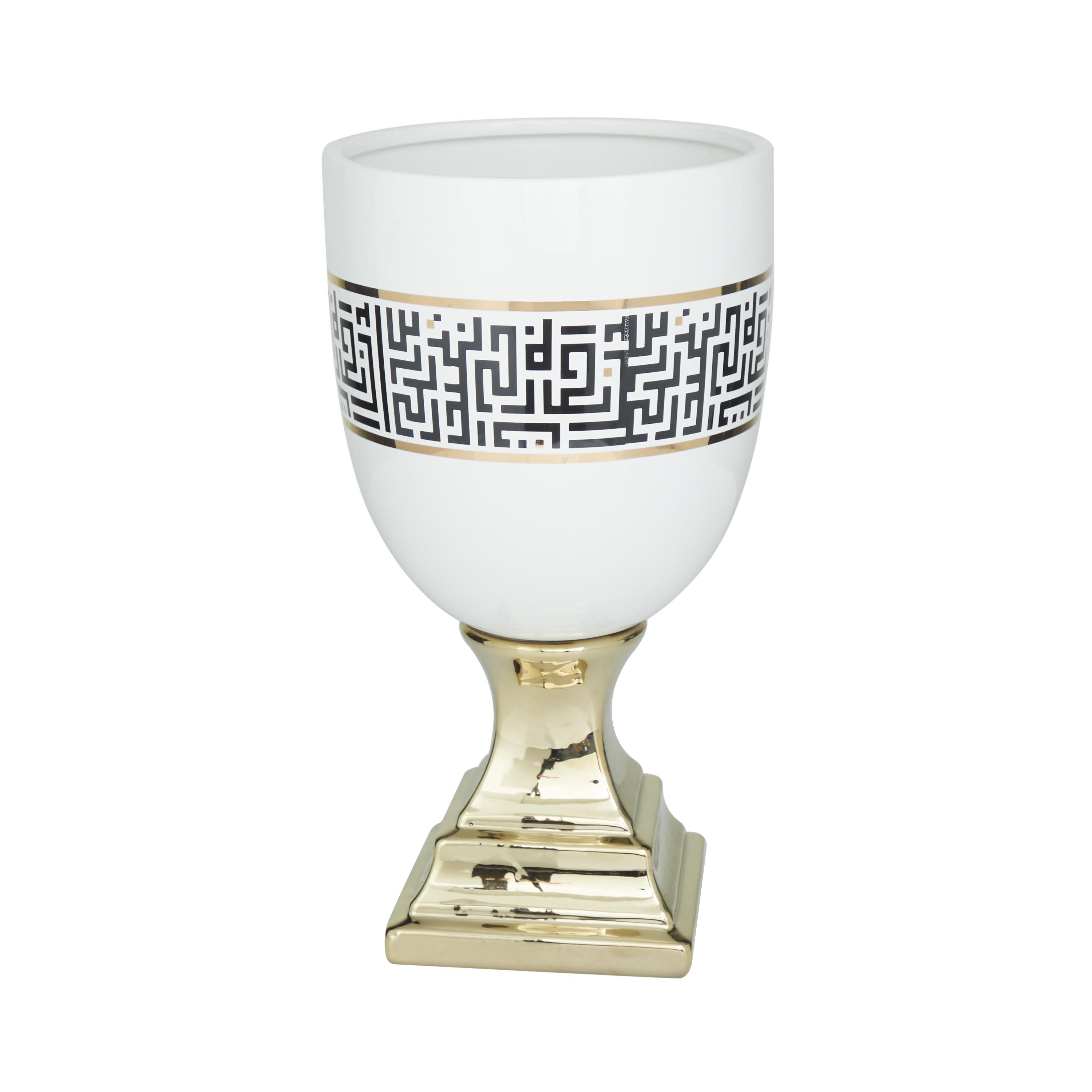 Gold Ceramic  Decorative Vase with Greek Knot Pattern and Gold Base, 8" x 8" x 15"