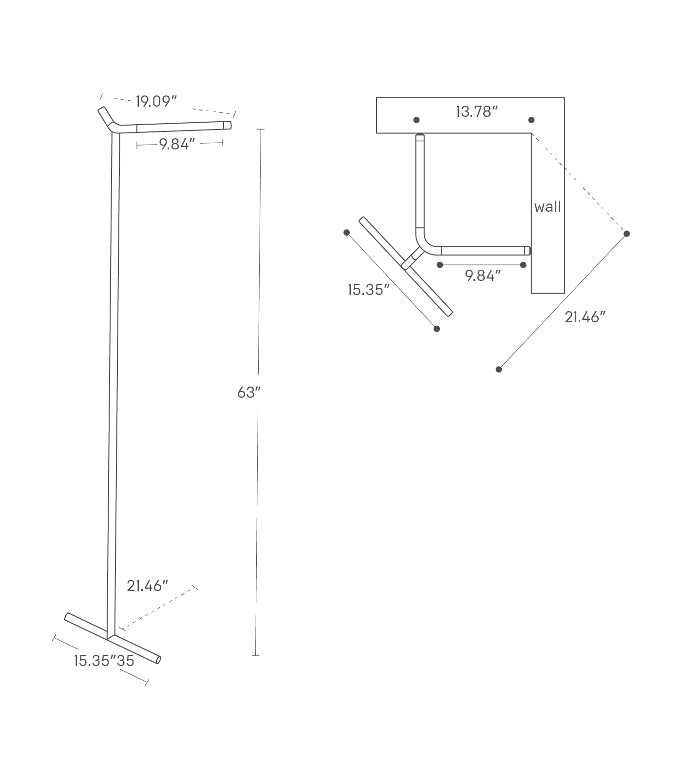 Dimension image for Corner Leaning Coat Rack showing a total height of 63