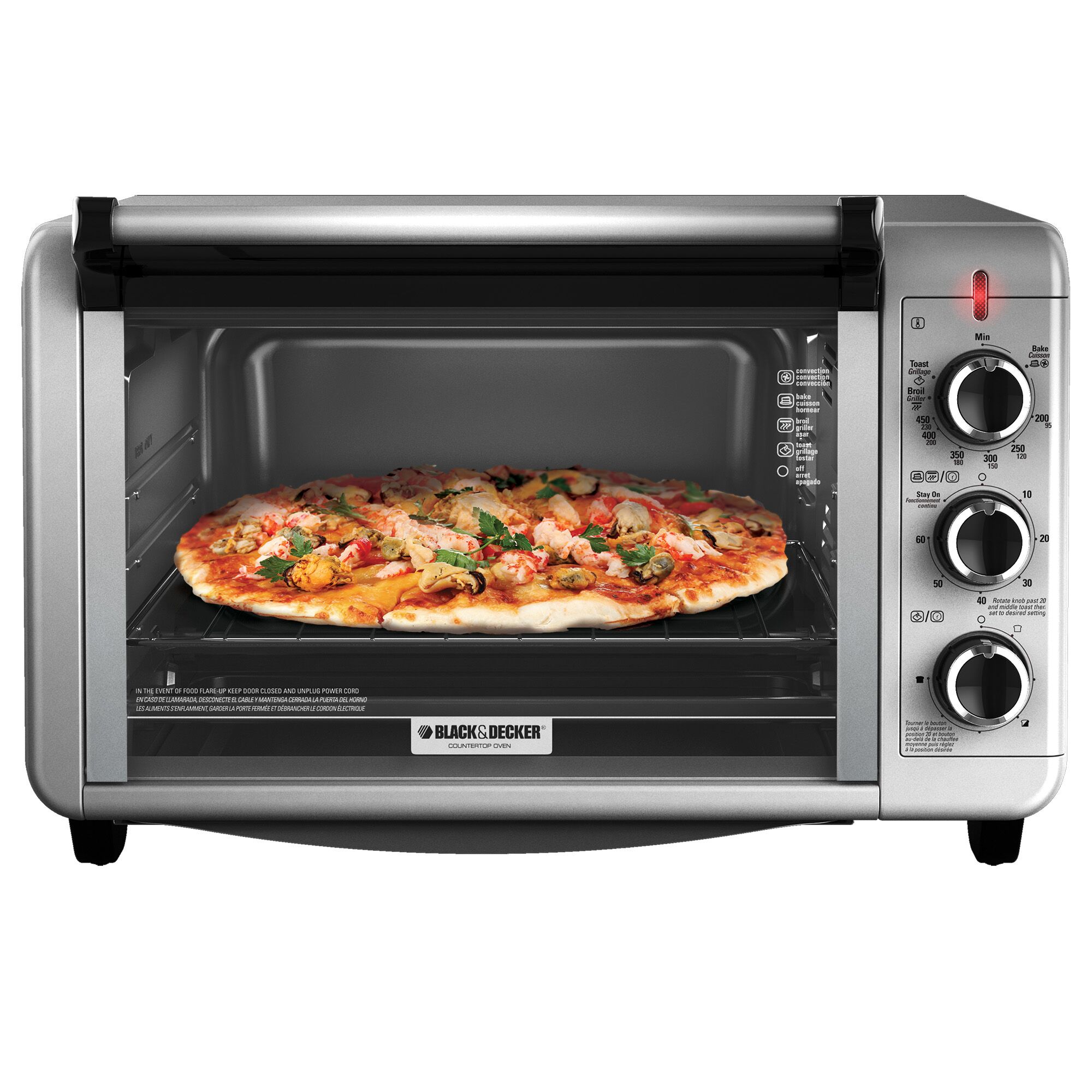 Profile of 6 Slice Countertop Toaster Oven baking pizza.