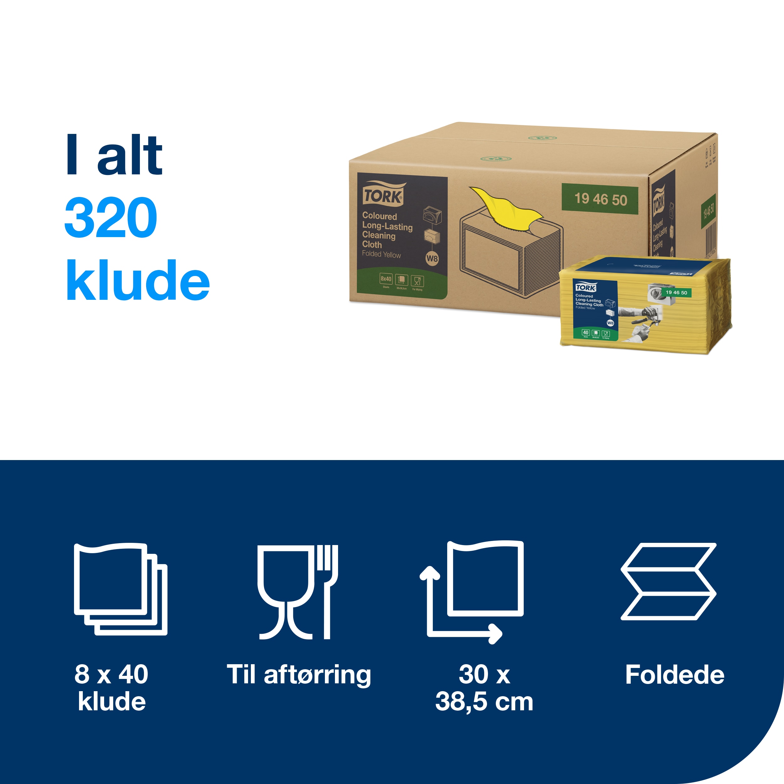 Aftørringsklud, Allround, Gul, 40 klude, Tork W8