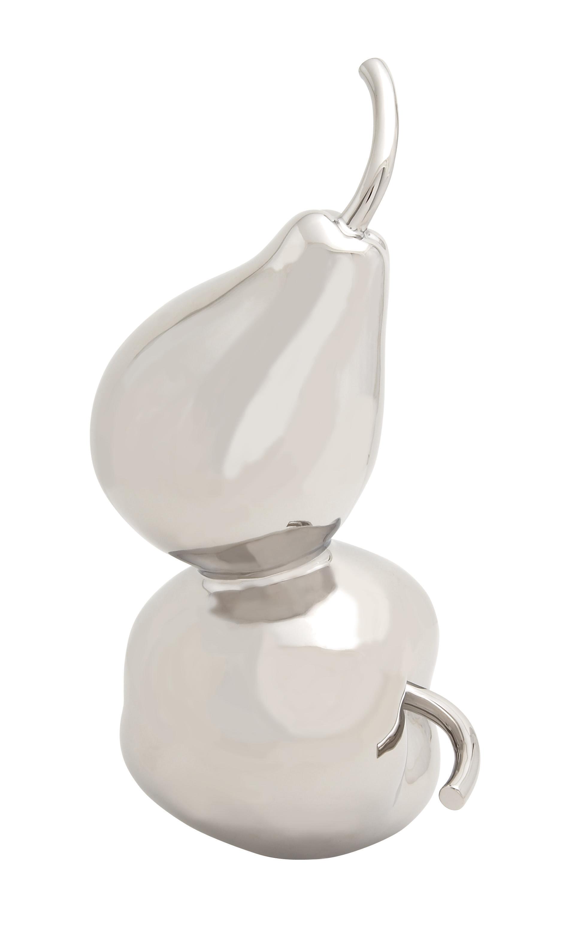Silver Ceramic Fruit Apple and Pear Sculpture, 7" x 7" x 15"