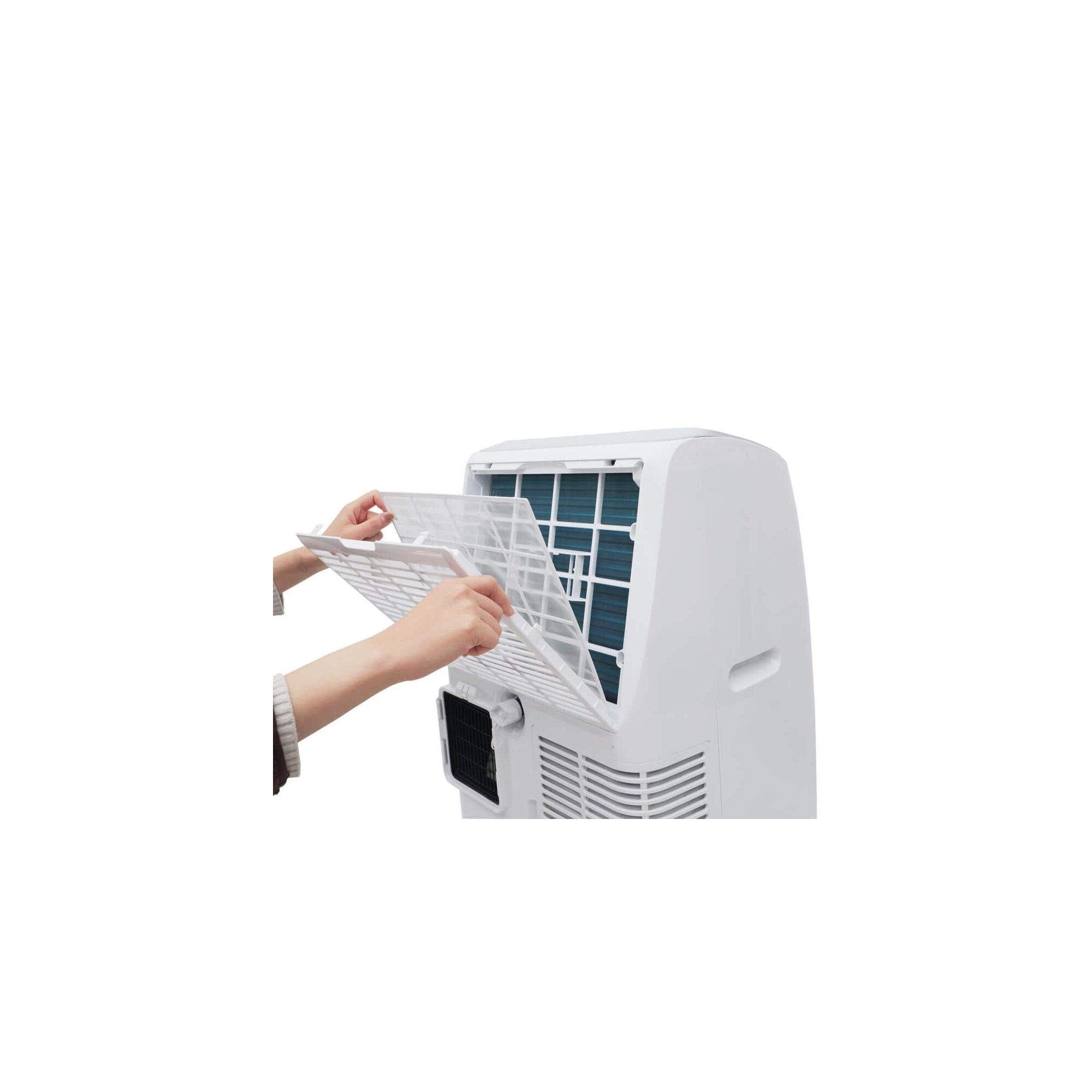 Person opening the filter area of the BLACK+DECKER portable air conditioner with heat