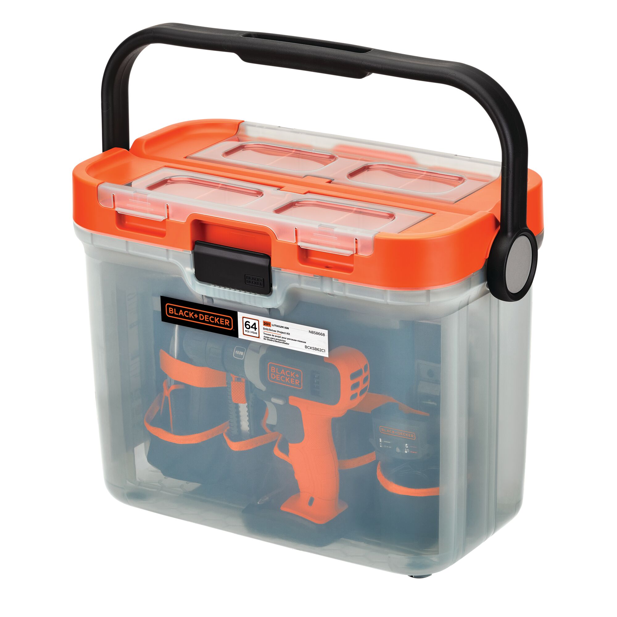 Drill with 63 piece Hand Tool and Accessory Home Project Kit in translucent tool box.