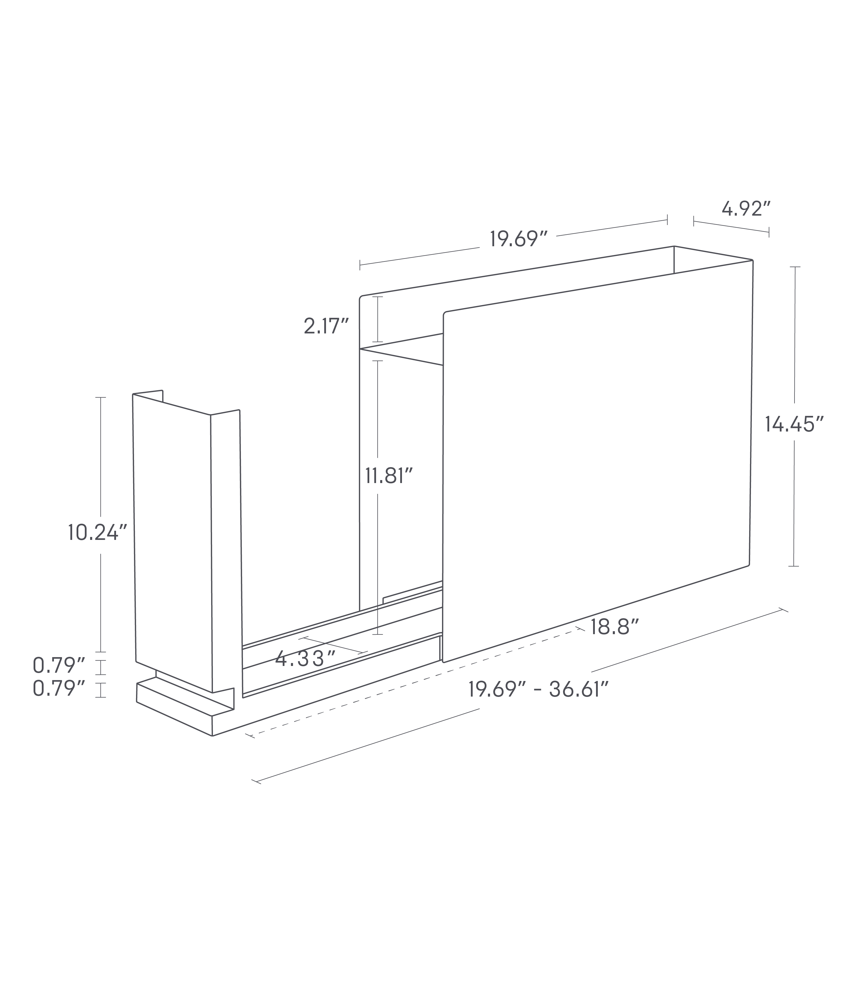 Dimension image for Sliding Drawer Seasoning Rackon a white background showinglength of 4.92