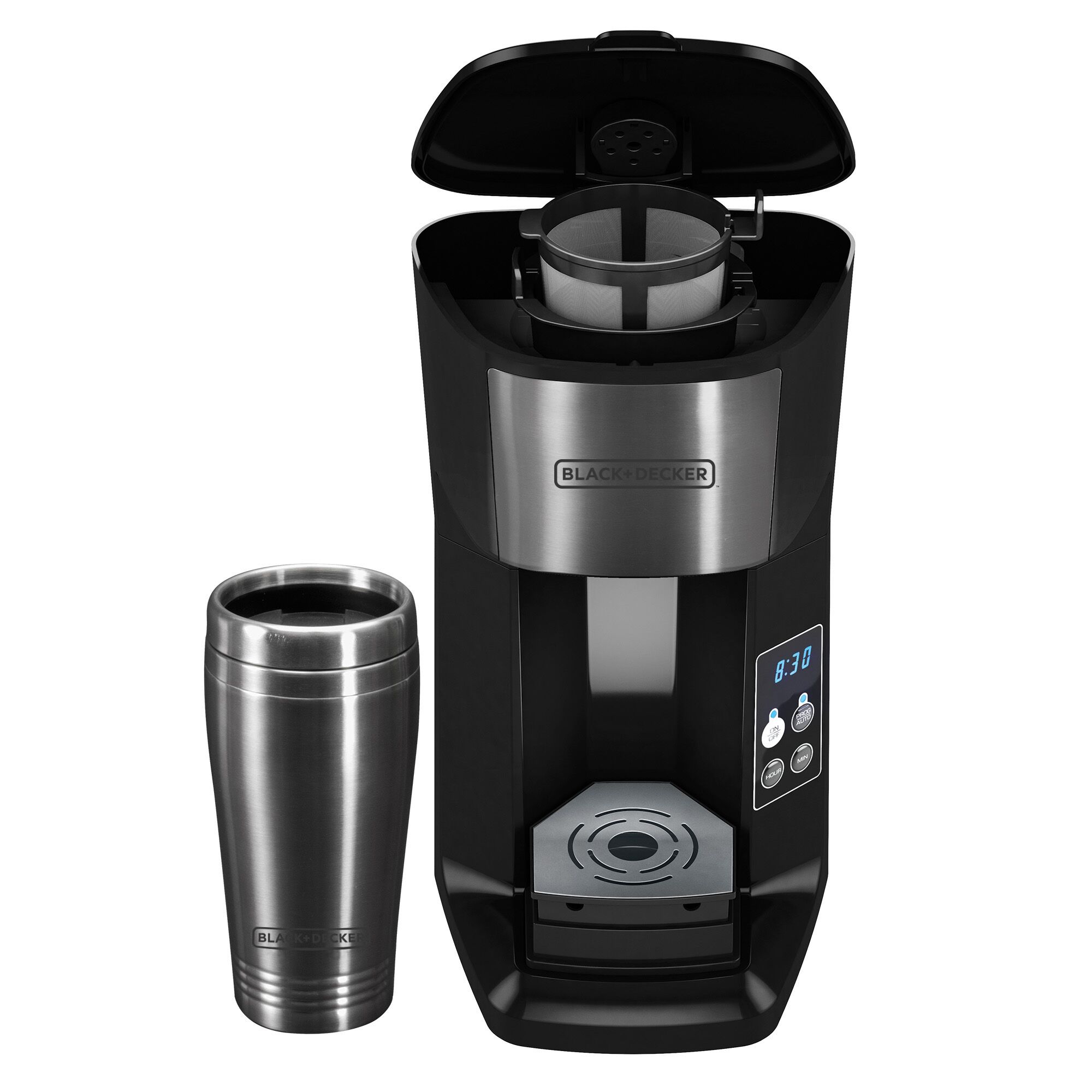 Profile of the BLACK+DECKER single serve coffee maker with top water reservoir open