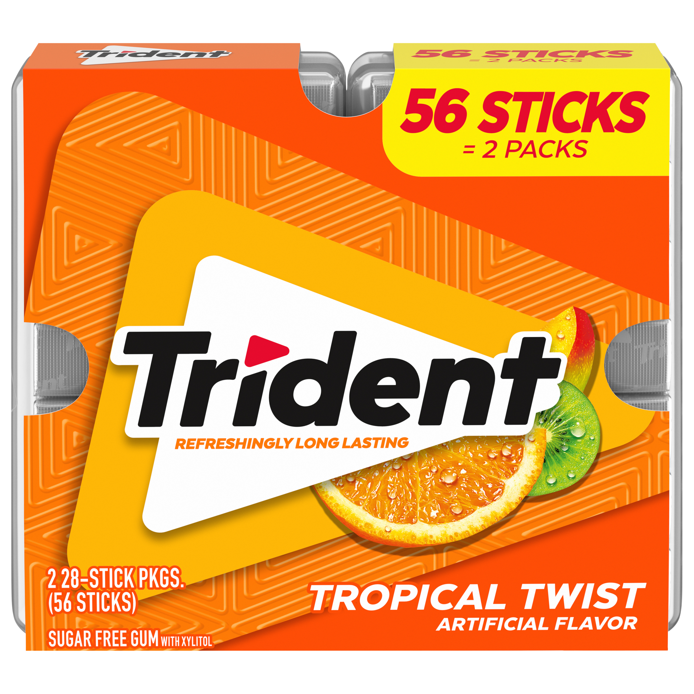 Trident Tropical Twist Sugar Free Gum, 2 Pocket Packs of 28 Pieces (56 Pieces Total)-thumbnail-0