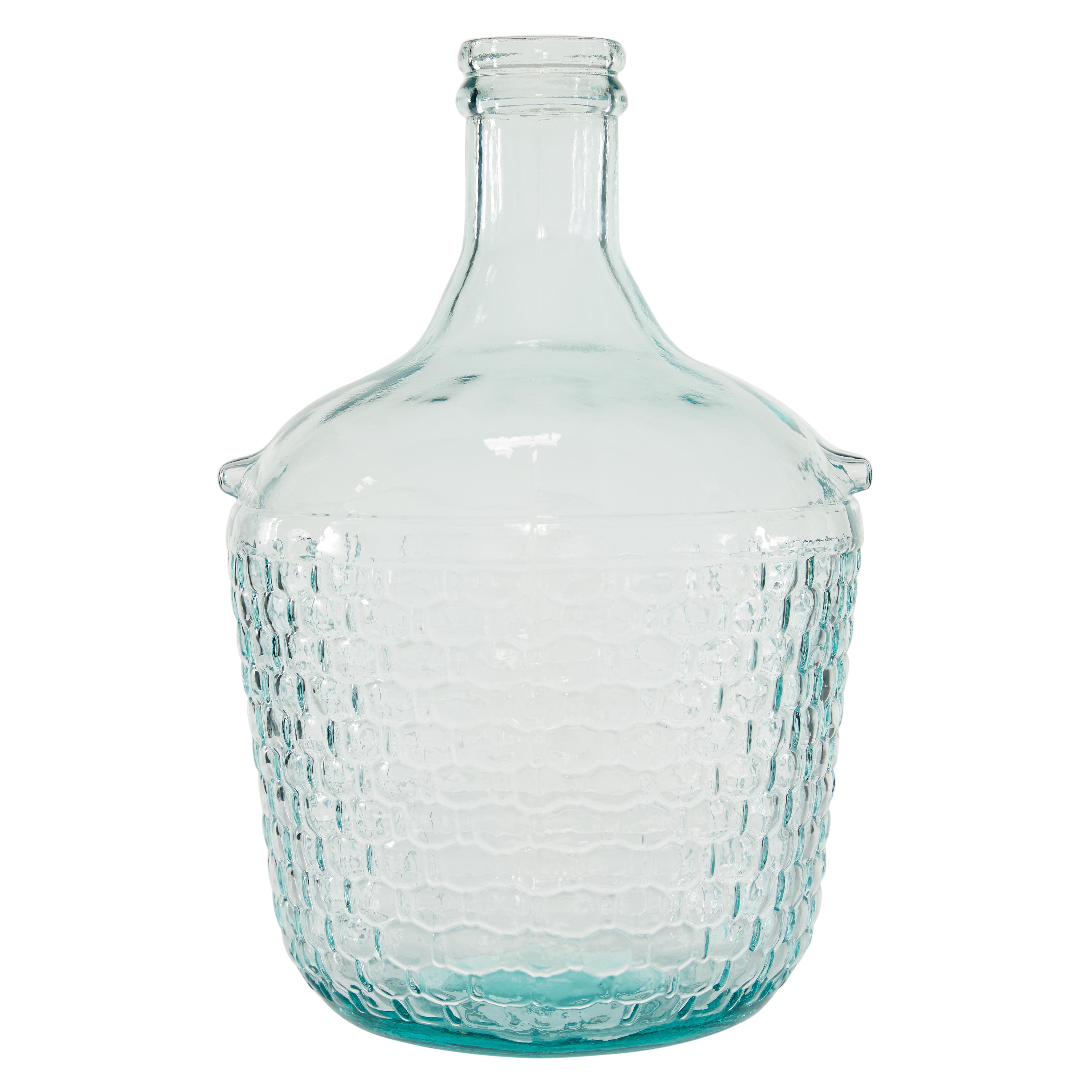 Teal Recycled Glass  Handmade Spanish Bottle Neck Decorative Vase with Hexagon Bubble Texture, 10" x 10" x 17"