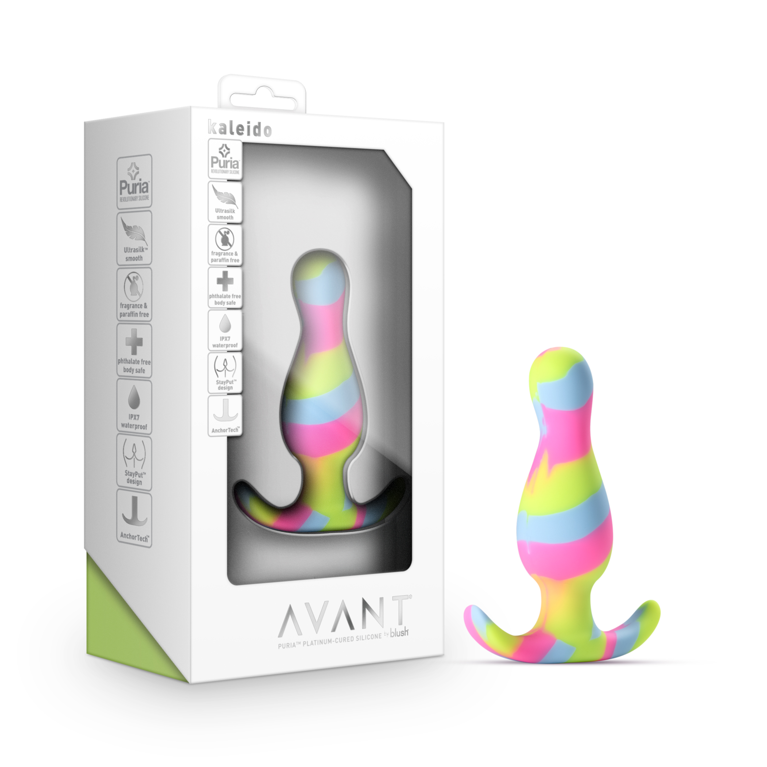 Blush Avant / Kaleido Lime: Artisan 3 Inch Tapered Stayput? Butt Plug with Pleasure Curves - Elegantly Made with Smooth Ultrasilk? Purio? Silicone