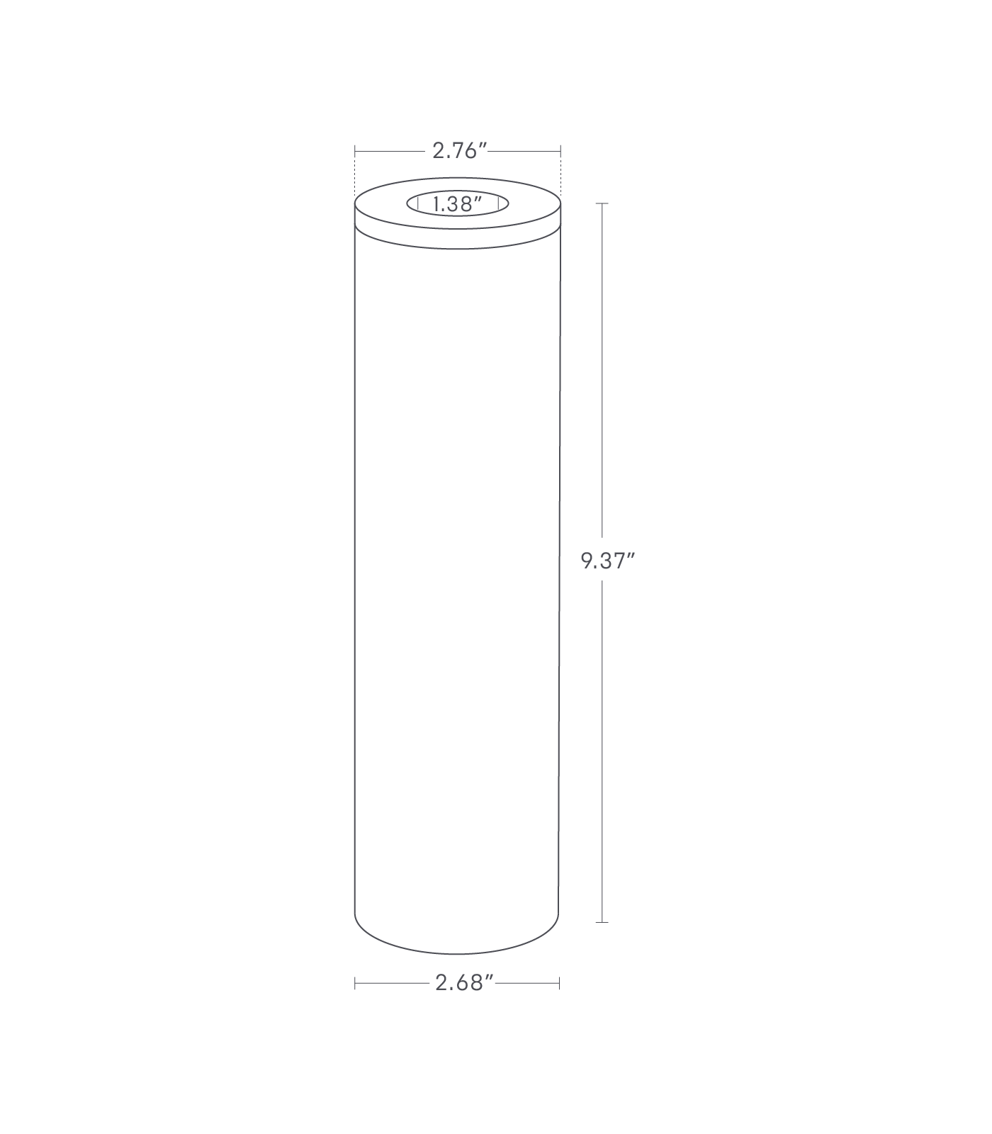 Dimension image for Round Tissue Caseon a white background showinga cylinder-shaped case with a diameter of 2.68 " and a height of 9.37 ".The diameter of the opening for the tissue is 1.38".