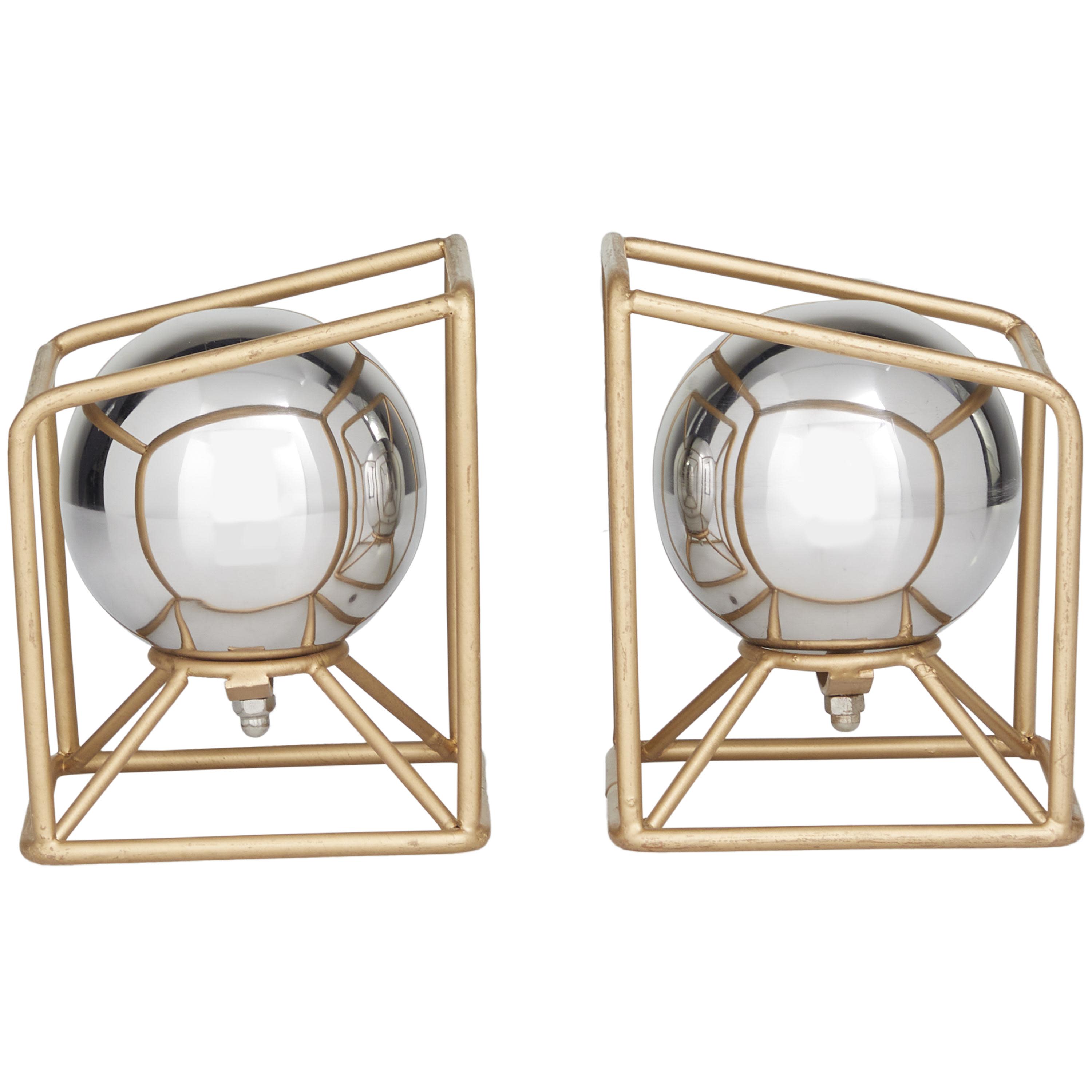 CosmoLiving by Cosmopolitan Silver Stainless Steel Metal Geometric Orb Decorative Bookends with Gold Base, 