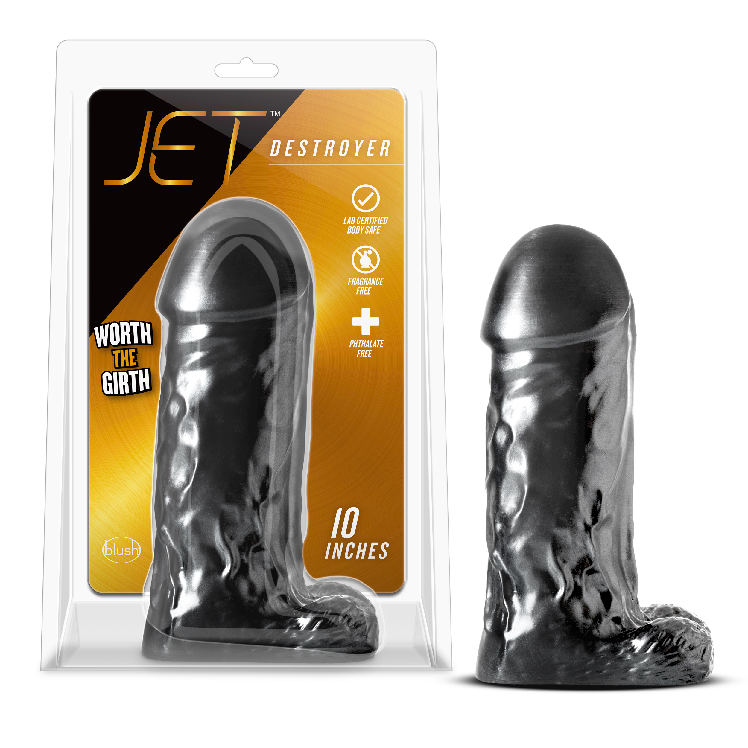 Blush Jet Destroyer Realistic Carbon Metallic Black 10-Inch Long Dildo With Balls