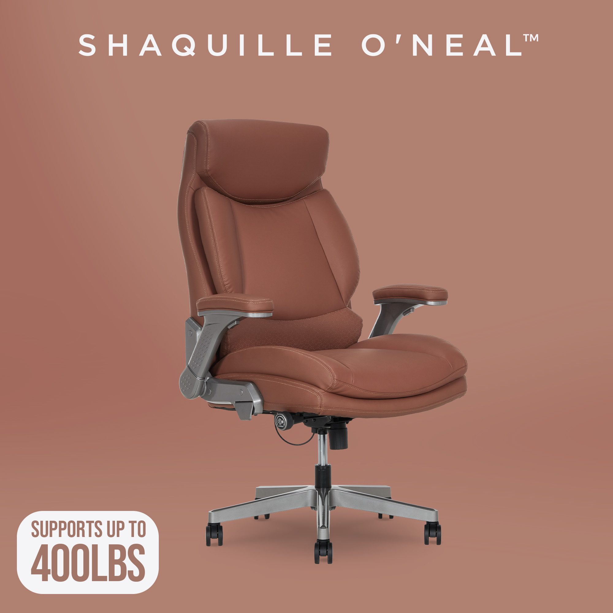 thumbnail video image 2 of Shaq Tarvos Premium Ergonomic Big & Tall Office Chair, PureSoft Upholstery with Height Adjustable and Flip-Up Arms, Cognac Brown, 2 of 14
