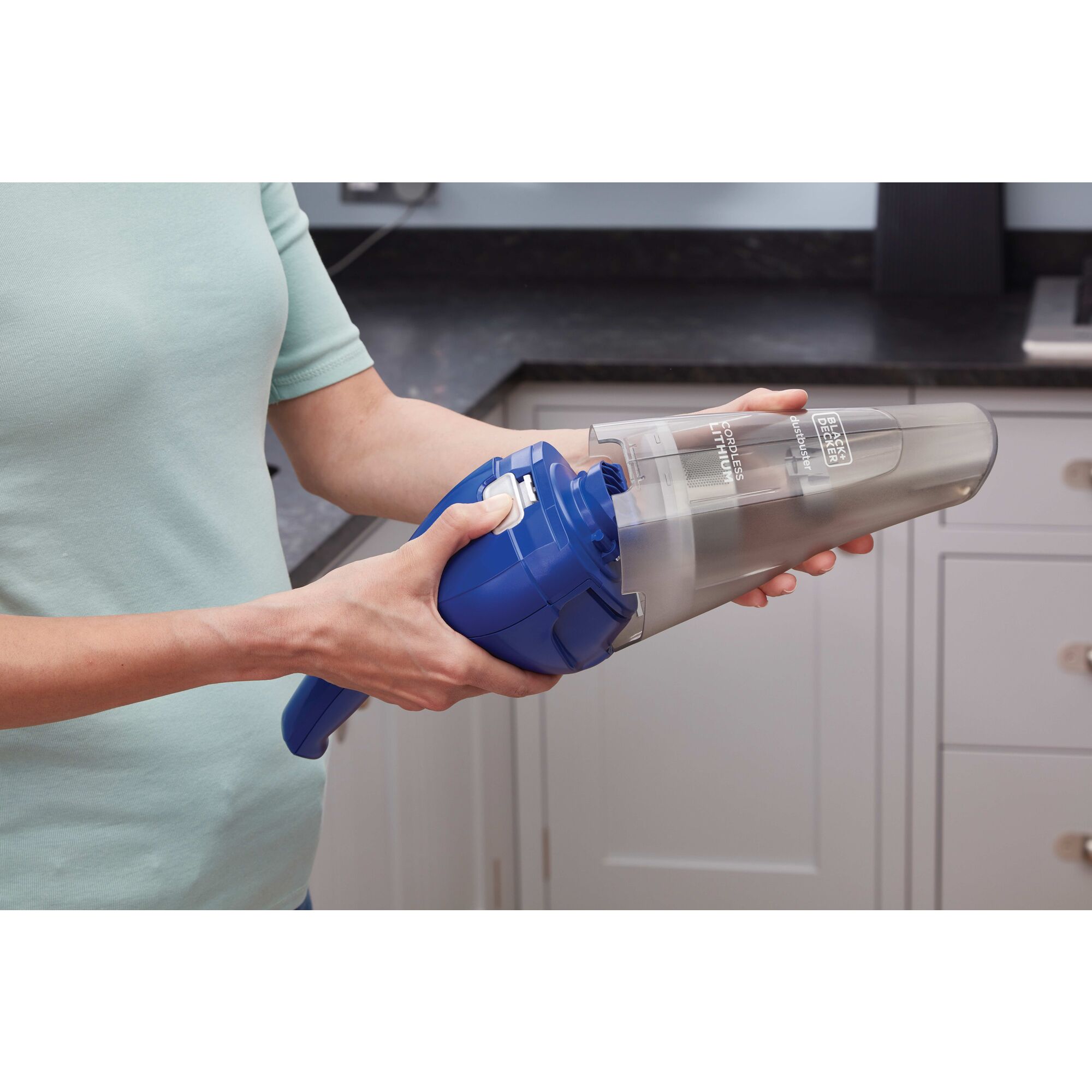 Translucent bagless dirt bowl feature of Dust buster Quick Clean Cordless Handheld Vacuum.