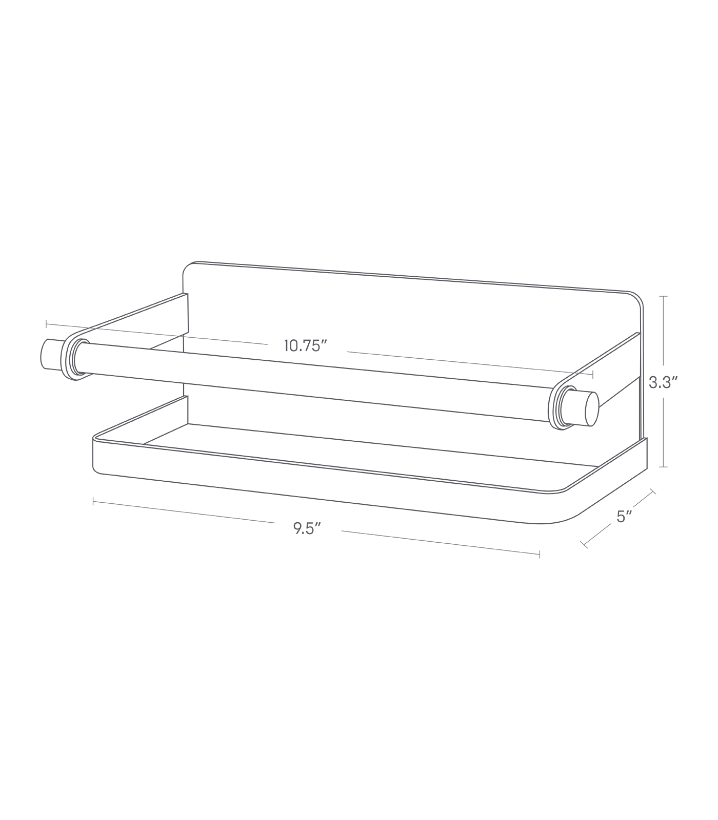Dimension image for Magnetic Kitchen Organizer showing total height of 3.3 inches, length of 5 inches, width of 9.5 inches and 10.75 inches for the wooden bar