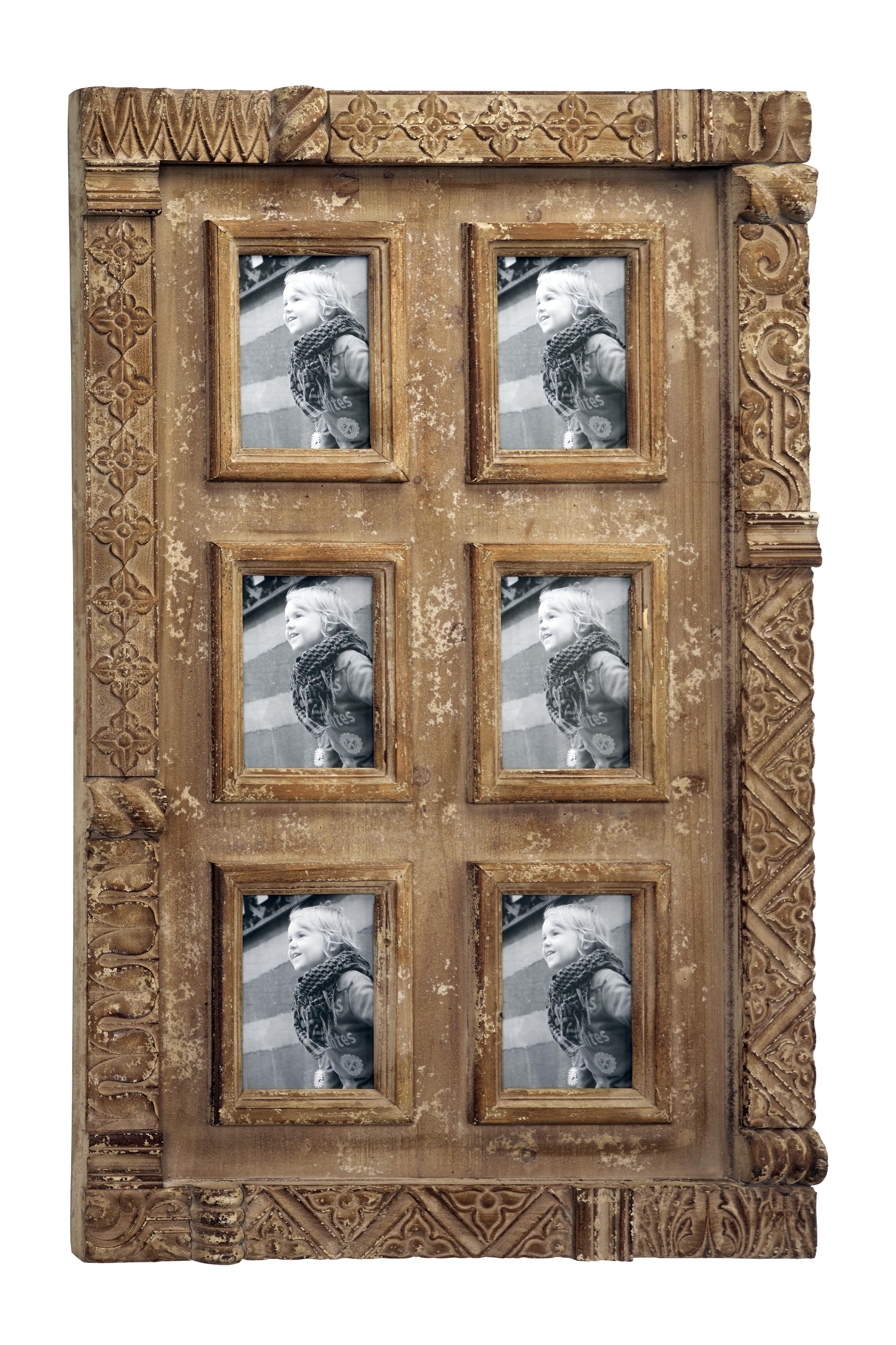 Antique Carved Natural Brown Wood Wall Photo Collage Wall Décor with 6 Picture Frames, 24" x 38"