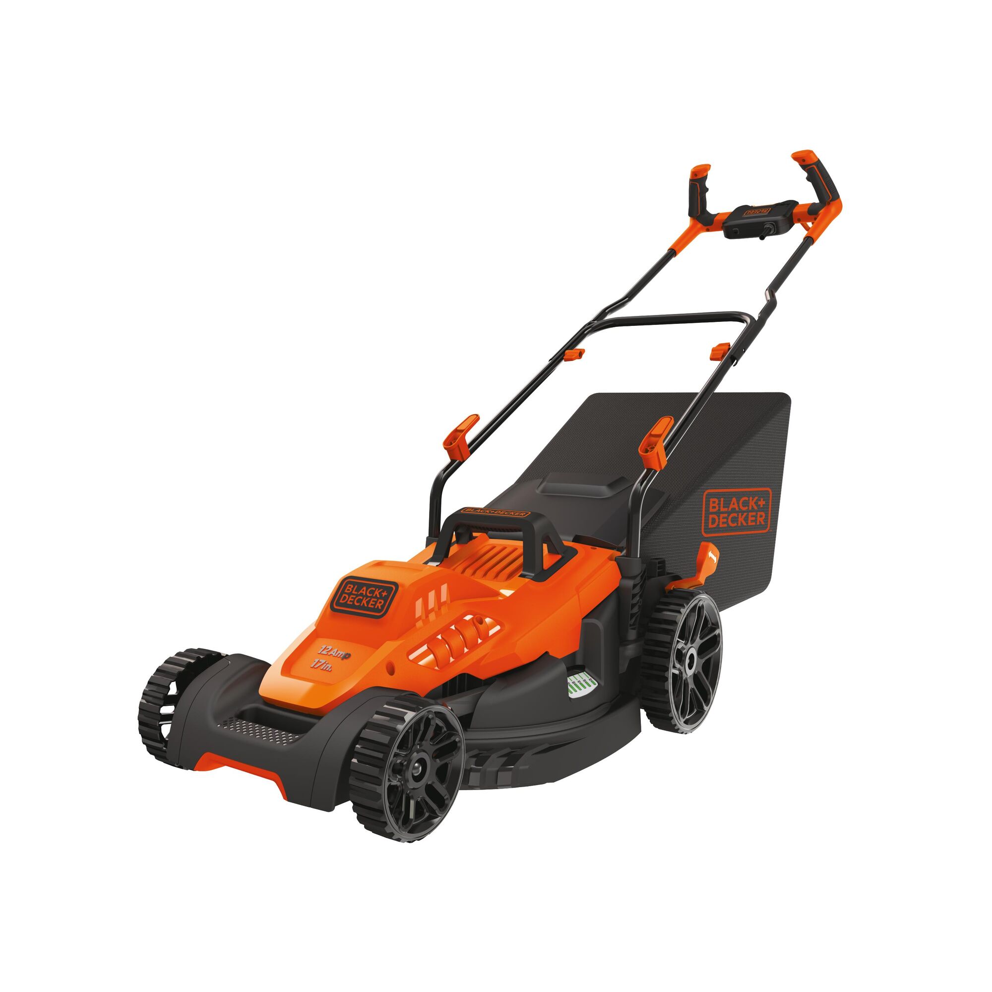12 Amp 17 inch electric lawn mower with comfort grip handle.