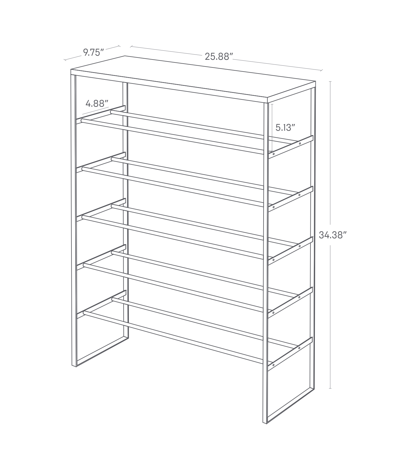 Dimension image for Six-Tier Shoe Rack showing a total height of 34.38 inches, length of 25.88 inches and width of 9.75 inches. Space between rungs are 4.88 inches and space between tiers are 5.13 inches.