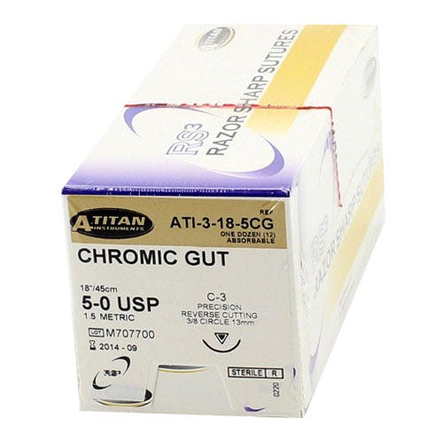 Chromic Gut  Sutures, 5-0, C-3, Precision Reverse Cutting, 18"