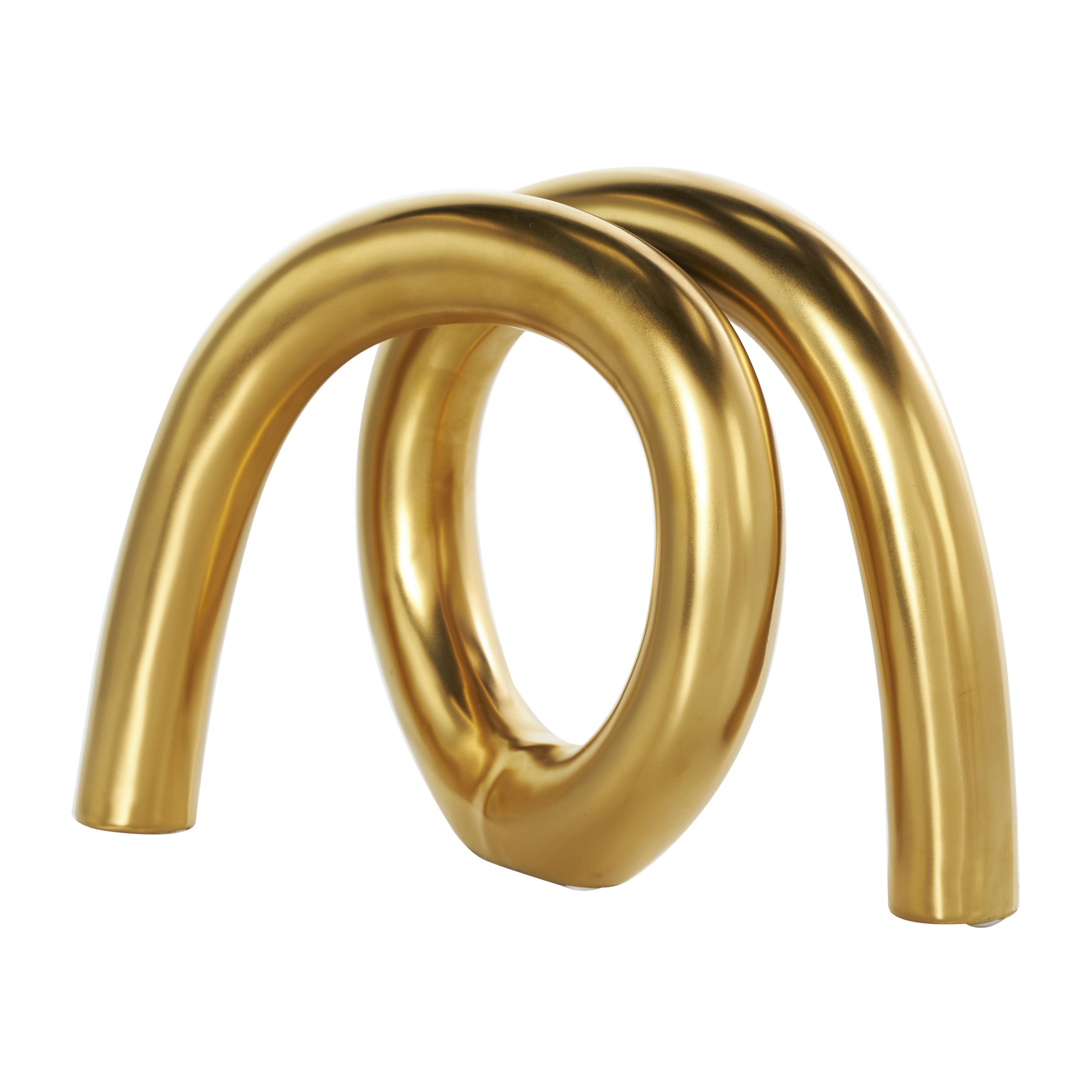 Gold Ceramic Abstract Rounded Loop Decorative Sculpture, 12" x 4" x 8"