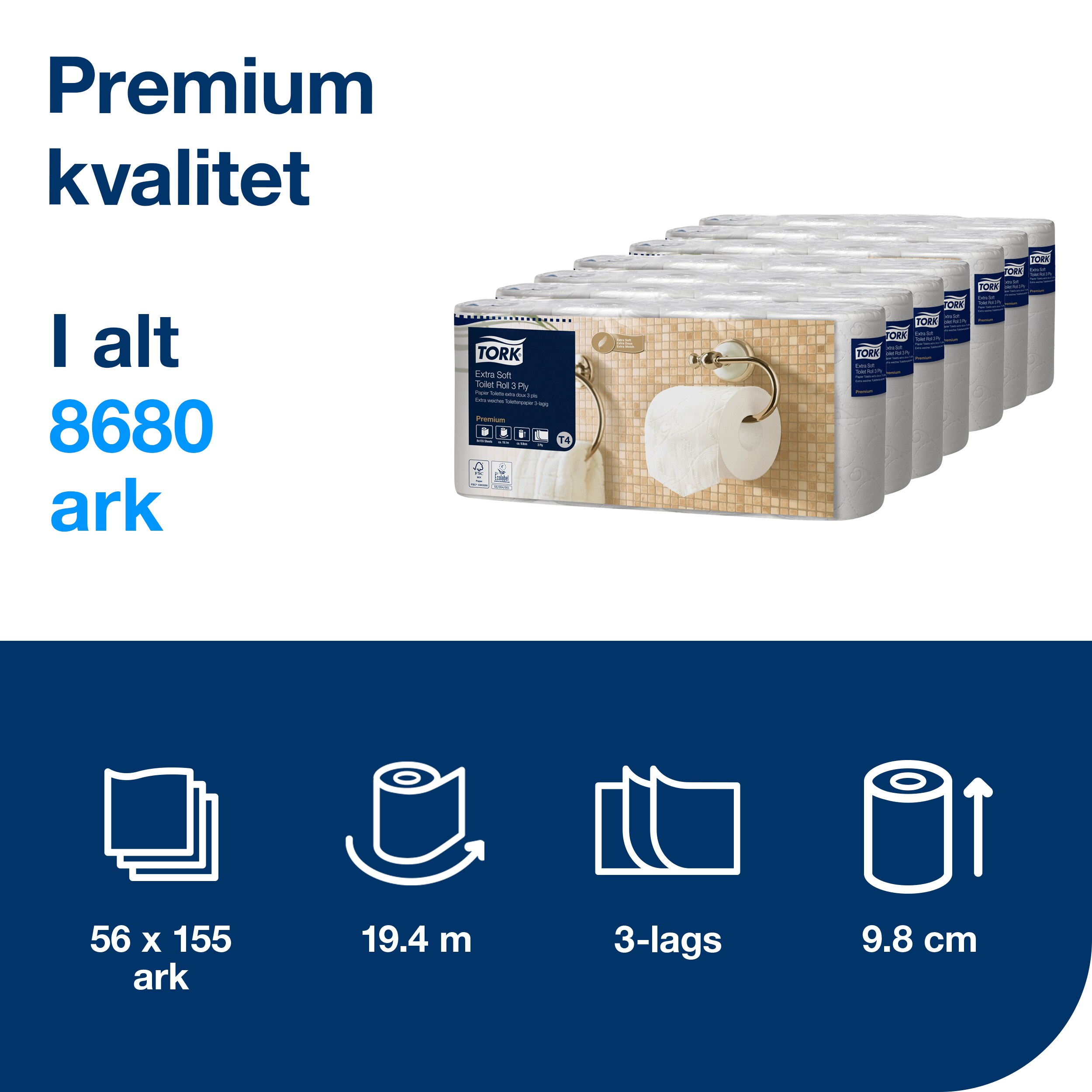 Toiletpapir, Udvendig oprulning, 3 lag, 56 ruller, Tork Premium Extra Soft T4