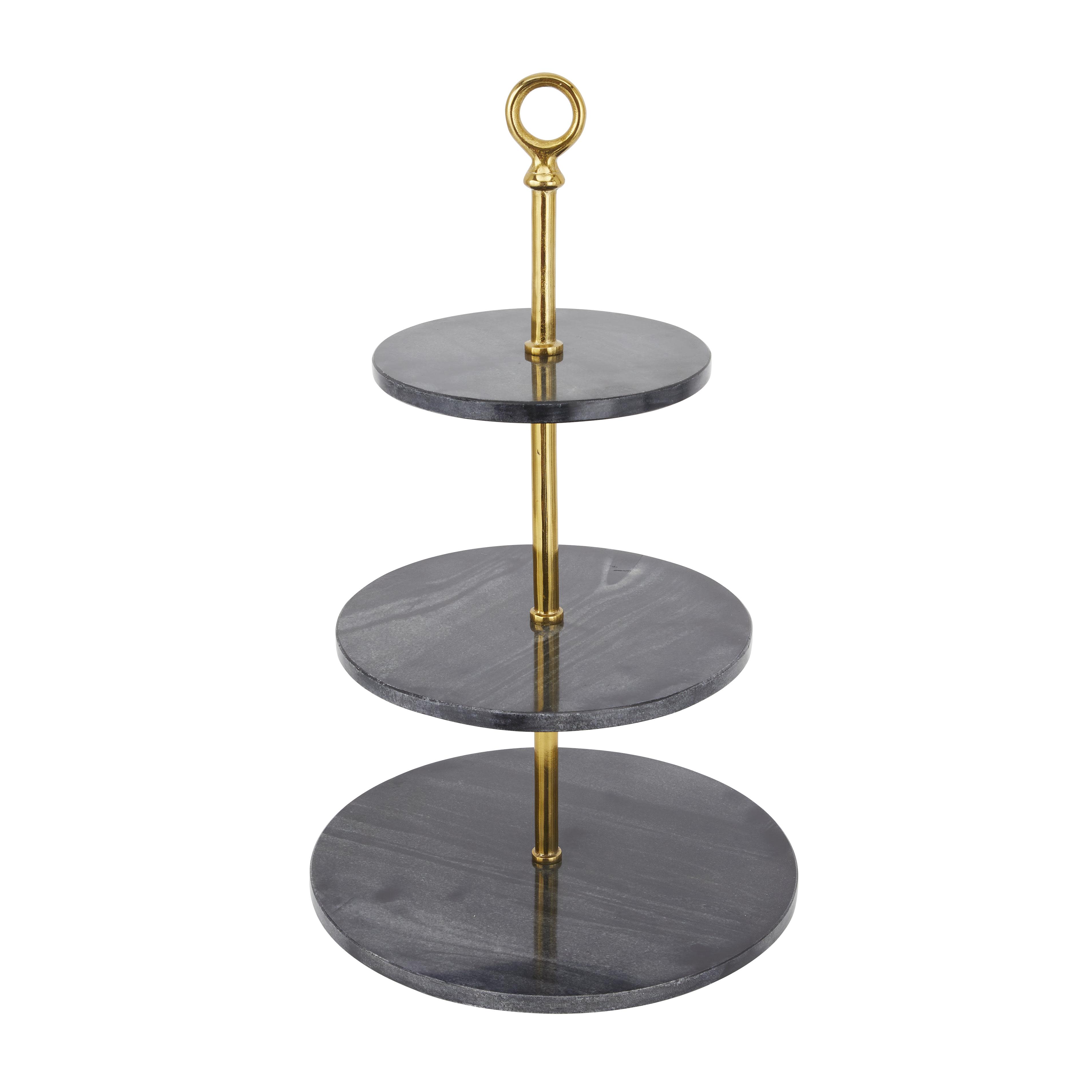 Gray Marble  3 Level Tiered Server with Gold Post, 14" x 14" x 27"