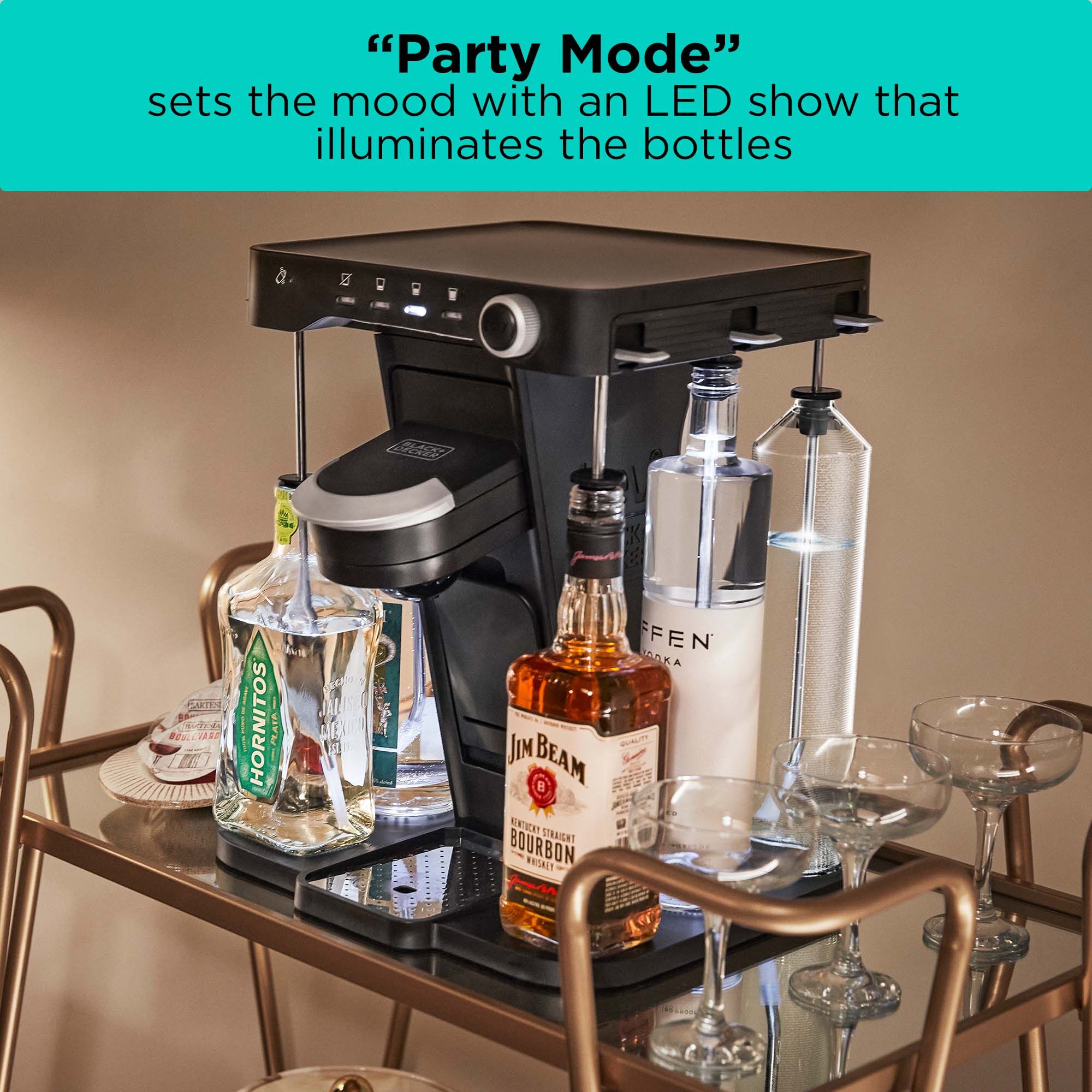 bev by BLACK+DECKER\u2122 cocktail maker sitting on a bar cart with illuminated bottles; text reads 