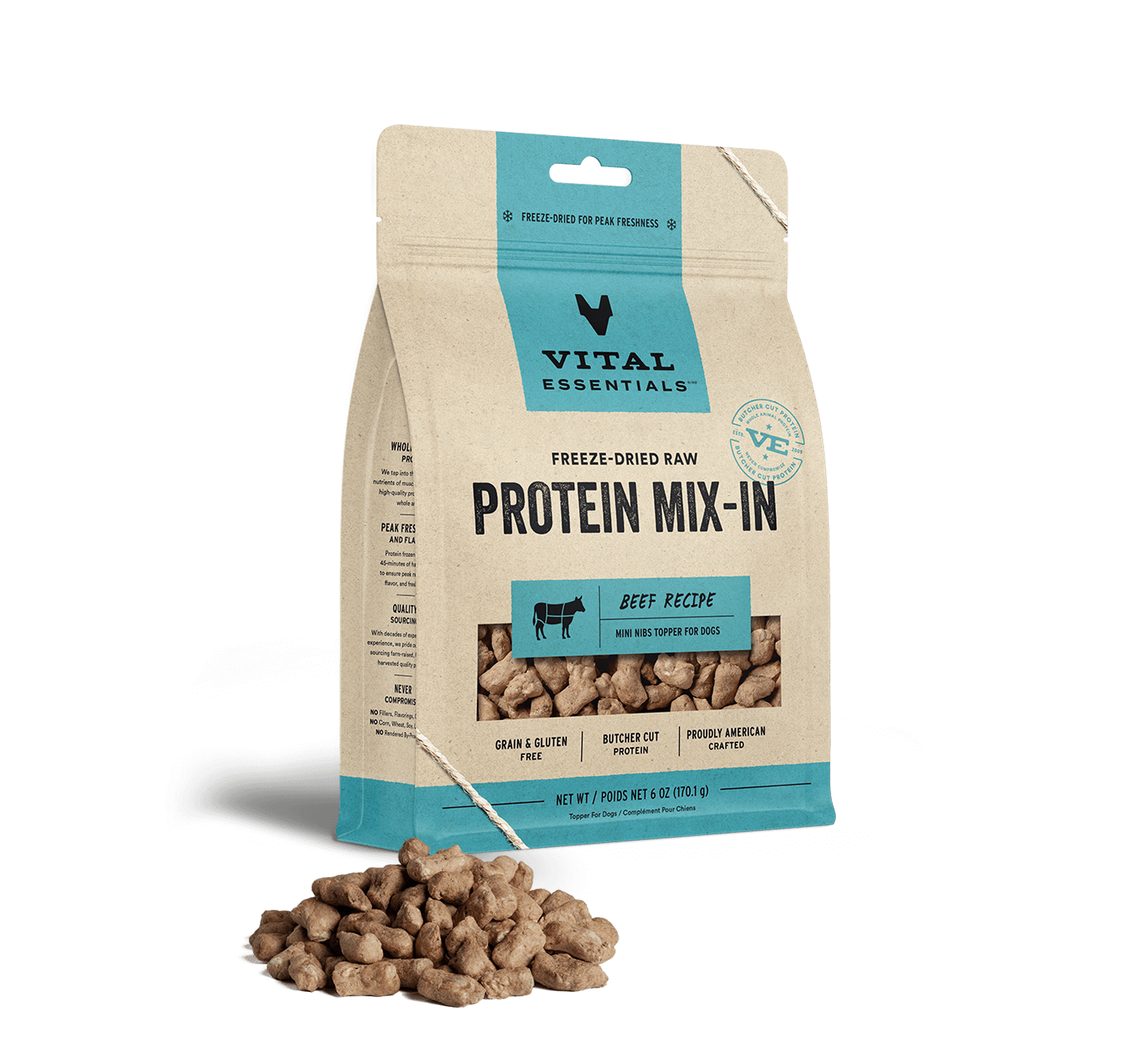 Vital Essentials Freeze-Dried Raw Protein Mix-In Beef Recipe Mini Nibs Topper for Dogs, 6 oz - Treats