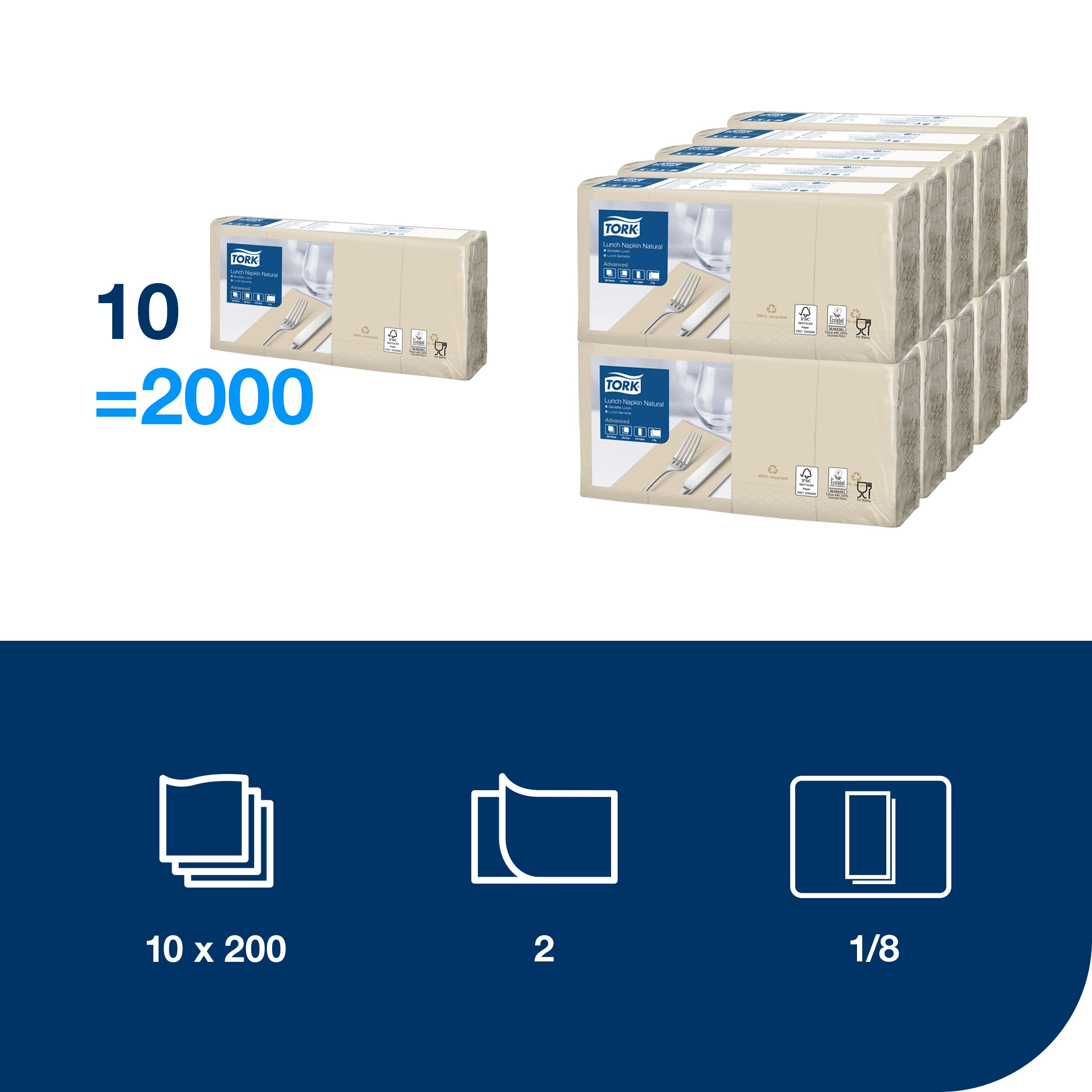 Servietter, 2 lag, Natur, 33x33 cm, 2000 stk, Tork Advanced