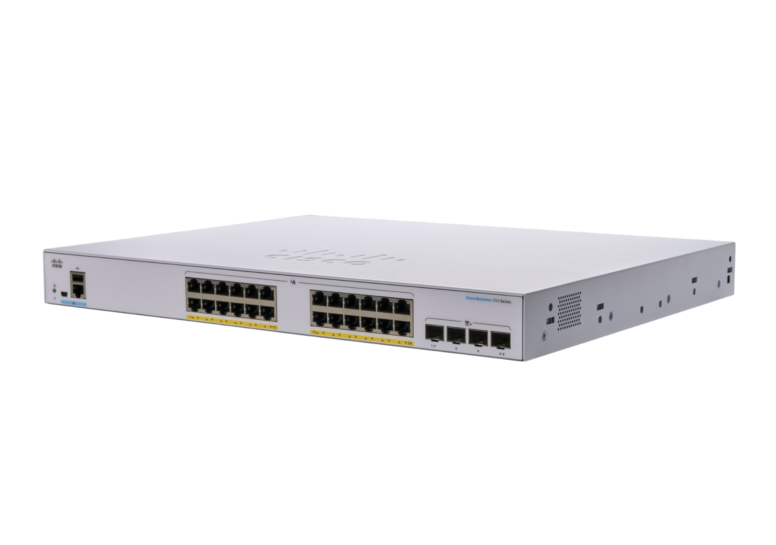 Picture of Cisco CBS250-24FP-4X 28 Ports Manageable Ethernet Switch - 2 Layer Supported - Modular - 370 W PoE Budget - Optical Fiber, Twisted Pair - PoE Ports