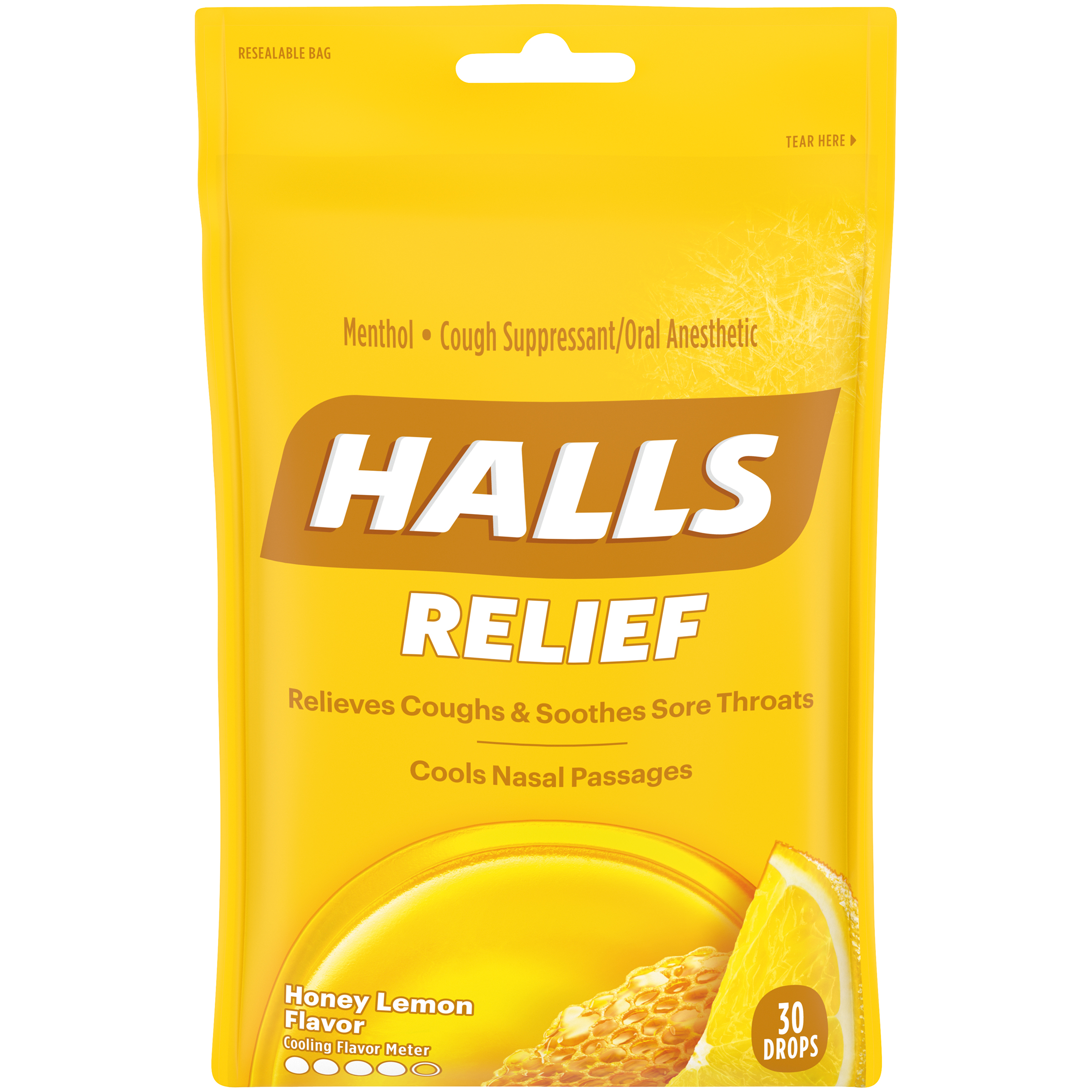 HALLS Honey Lemon Flavor Cough Drops Peg Bag 30PCS