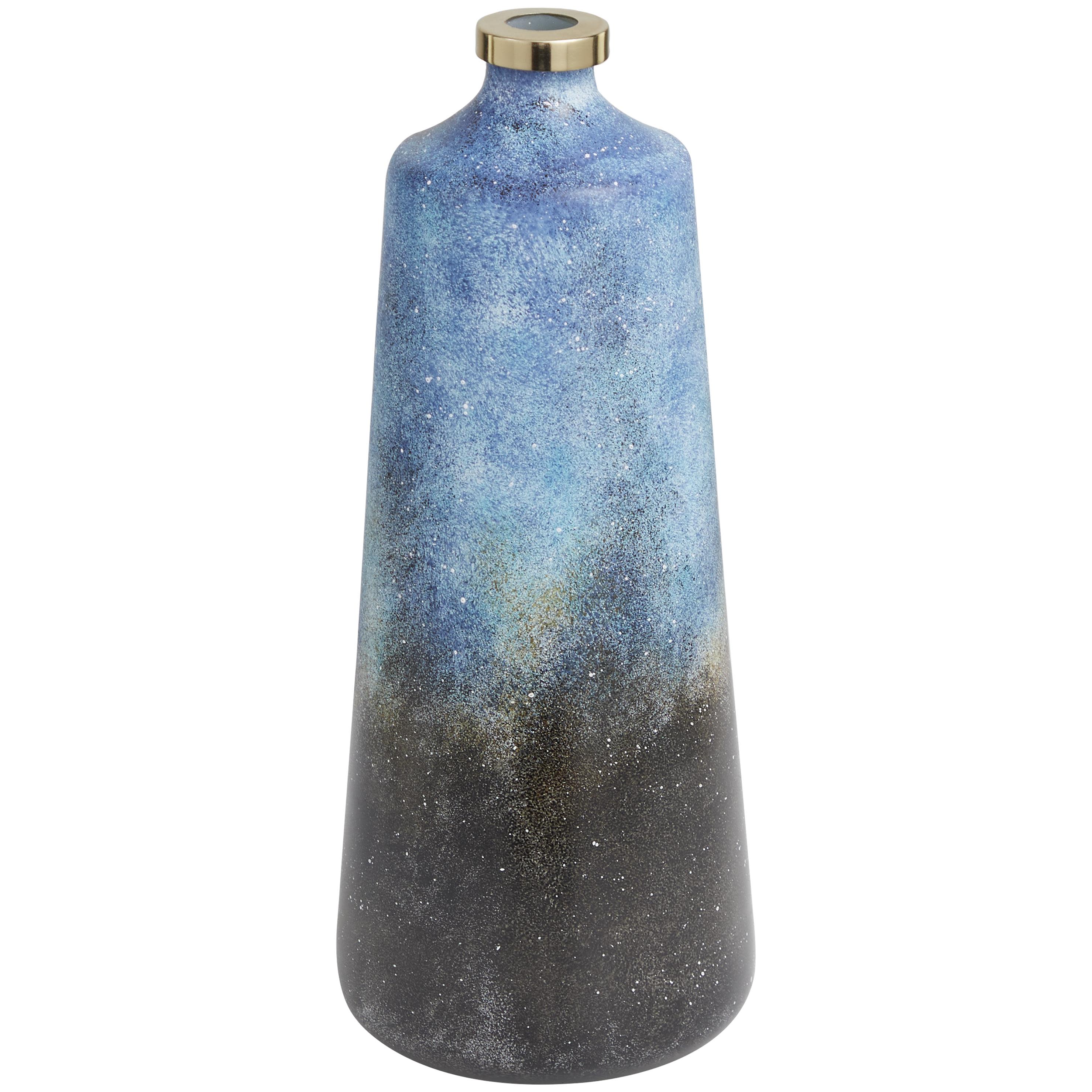 Blue Glass Abstract Galaxy Inspired Decorative Vase with Gold Top, 7" x 7" x 17"