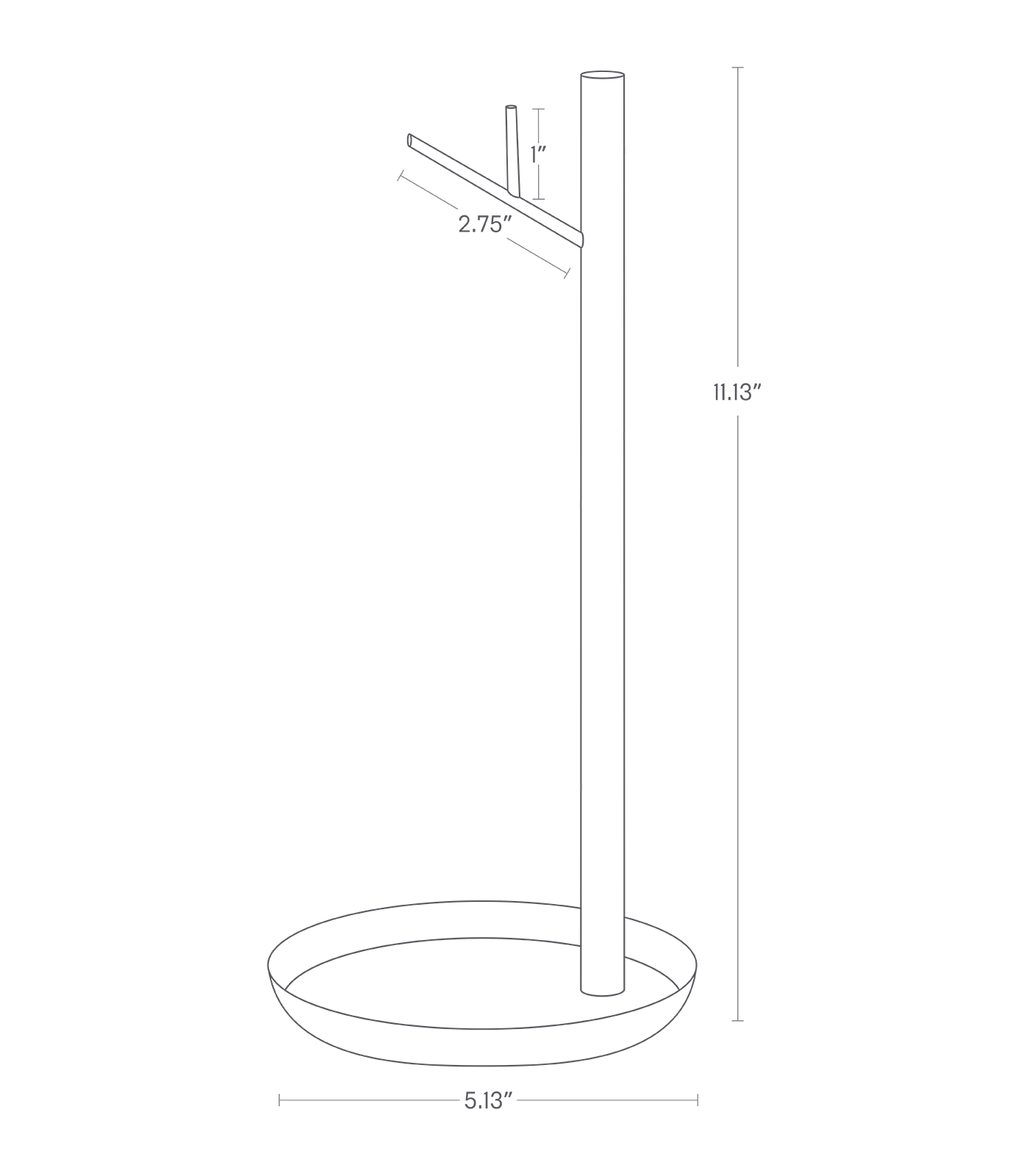 Dimension image of Banan Stand with a total height of 11.13", total hanger length of 2.75", total "branch" length coming out from the hook of 1", and a base width of 5.13".