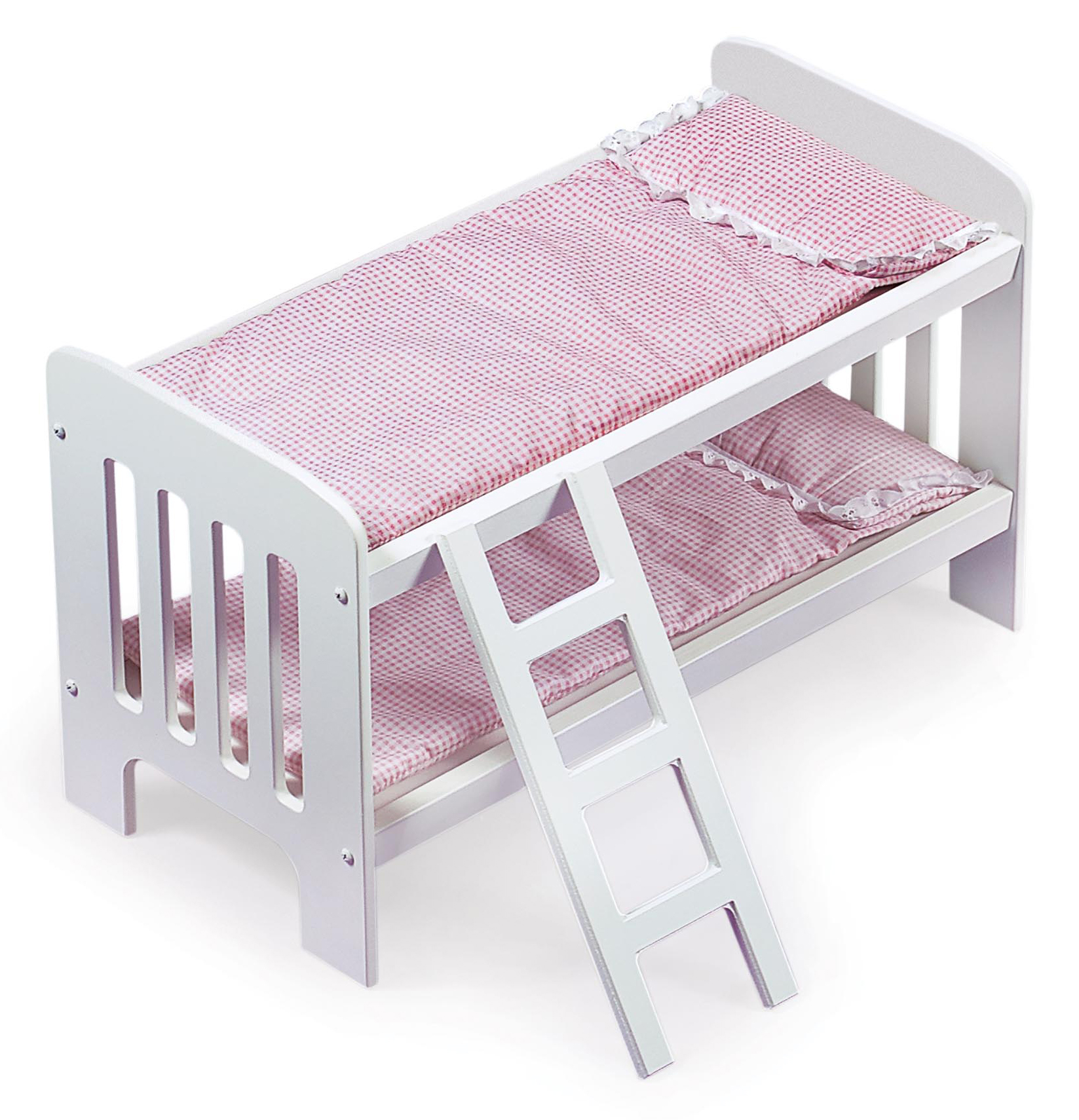 Doll Bunk Bed with Bedding, Ladder, and Free Personalization Kit - White/Pink/Gingham