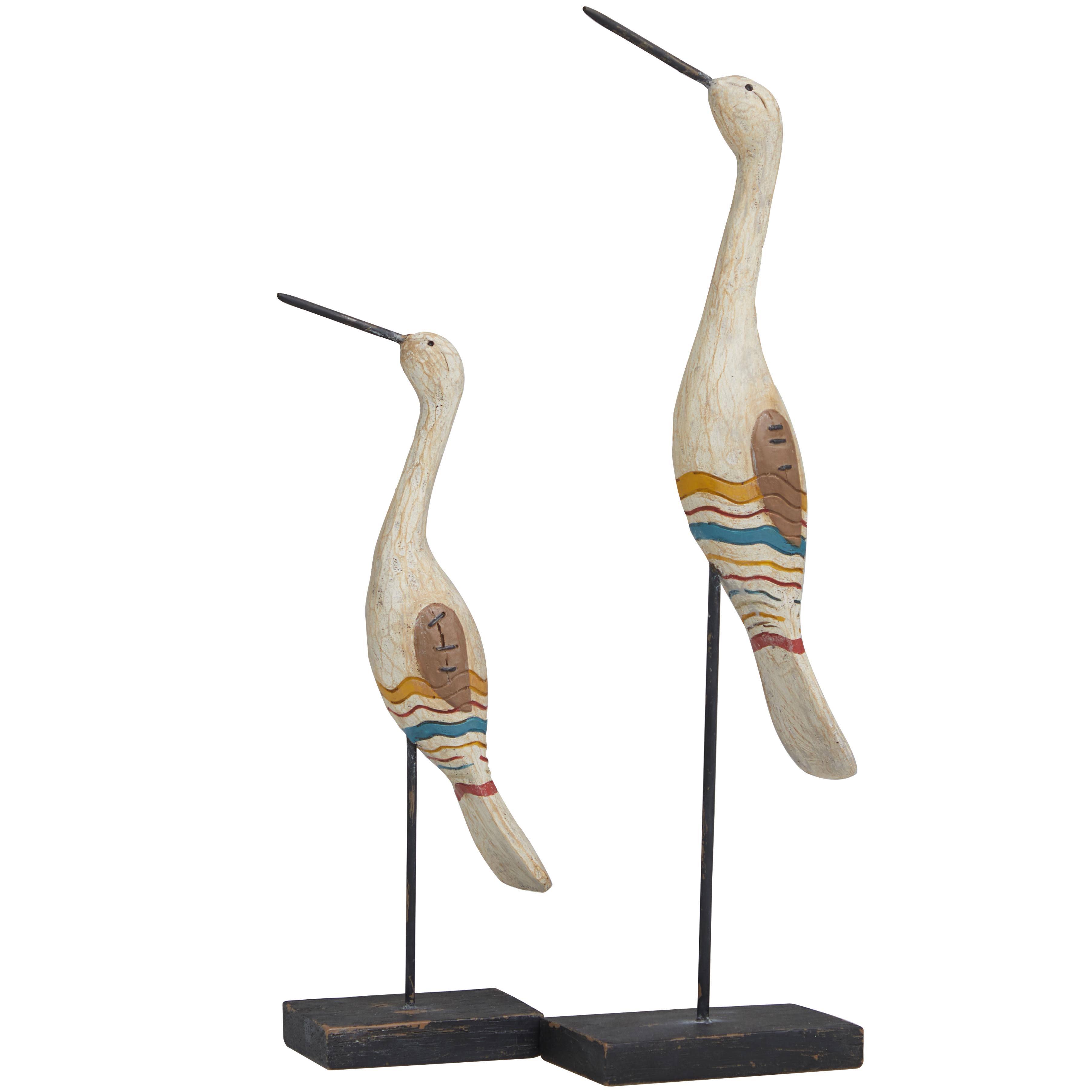 Cream Polystone Bird Handmade Distressed Carved Decorative Sculpture with Colorful Patterns and Black Stand, Set of 2 17\", 12\"H !!6 SETS OF 2 FOR 12 BIRDS TOTAL!!