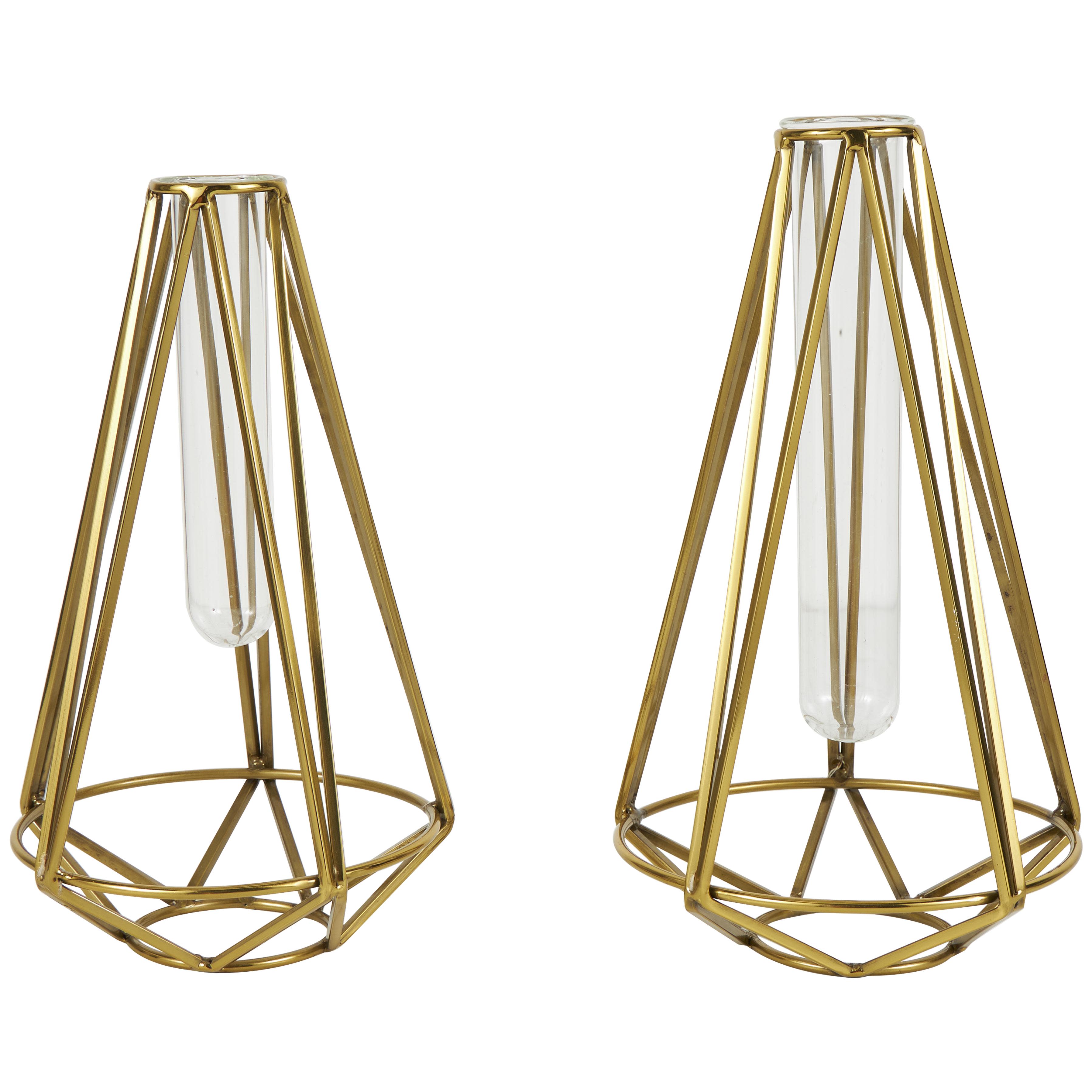 Gold Stainless Steel Metal Geometric Test Tube Decorative Vase, Set of 2 11", 10"H